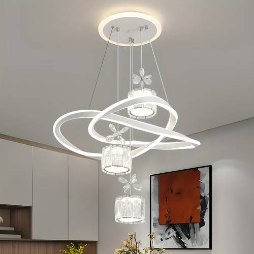 modern led chandeliers 3 color dimmable pendant light with crystal decorations for kitchen island dining room living room contemporary hanging ceiling light adjustable height decor
