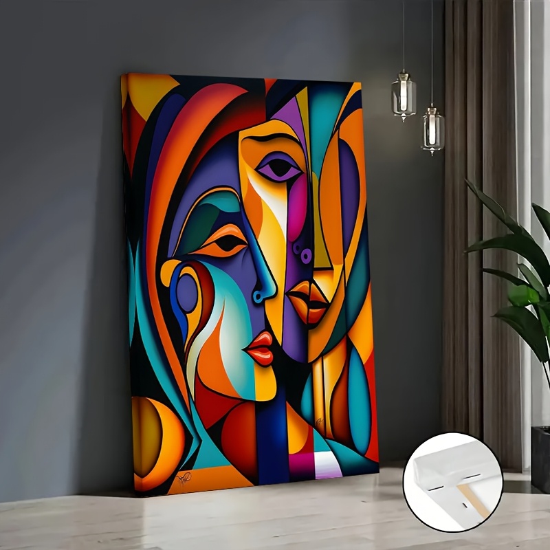 TEMU 2d Flat, Paintings 1pc Cubist Face Canvas Art Print, 40.64x60.96cm - Vibrant Abstract Oil Painting With Colorful , Wooden Frame, Wall Decor For