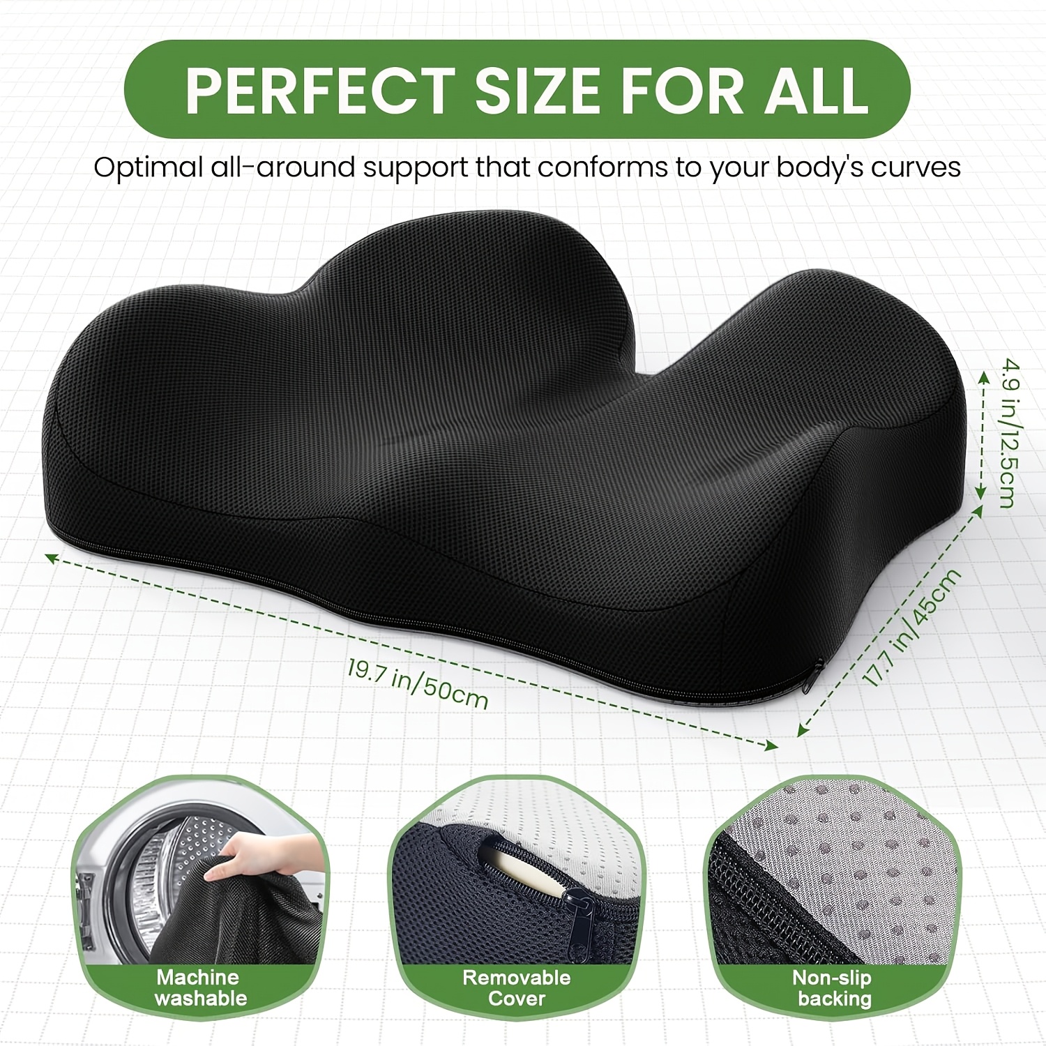 TEMU Memory Foam Seat Cushion, Chair Cushion, Ergonomic Support, Pressure Distribution, Posture Improvement, Non-slip Base, Removable Washable Cover,