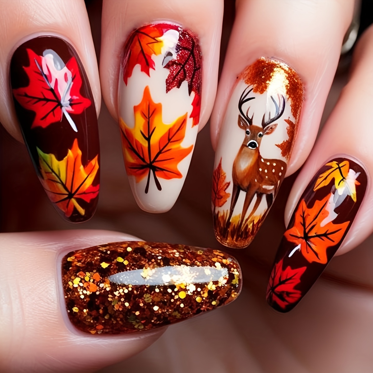 TEMU 24 ongles pressés à motif feuille d'érable marron-rouge, cerf de forêt, ambiance automnale, faux ongles faciles à appliquer, idéaux pour sorties