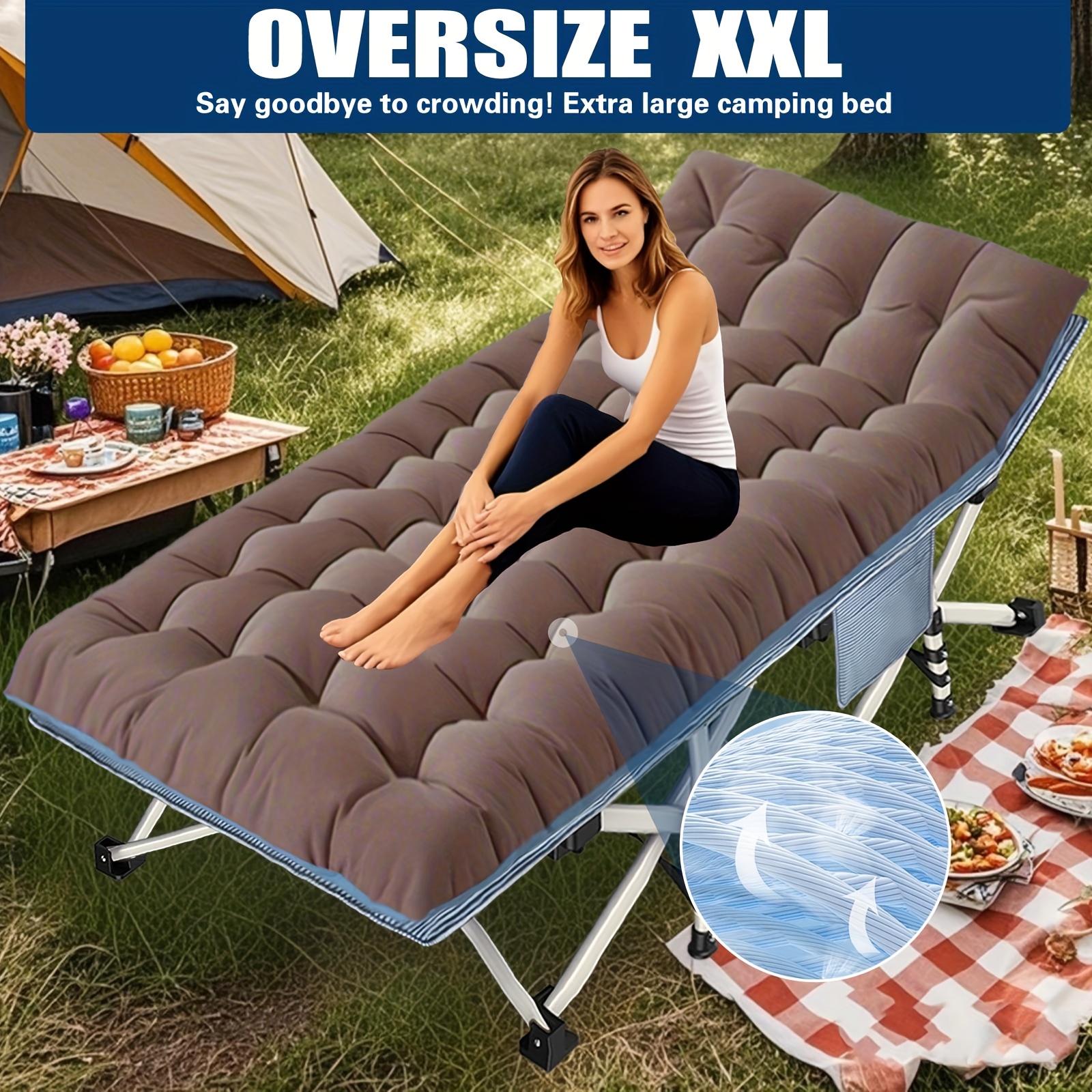 TEMU [oversize Folding Bed] 1pc 79 Inch Outdoor Folding Bed - Portable Camping Bed With Reversible Mattress, 900 Lbs Weight Capacity, Heavy-duty Bed