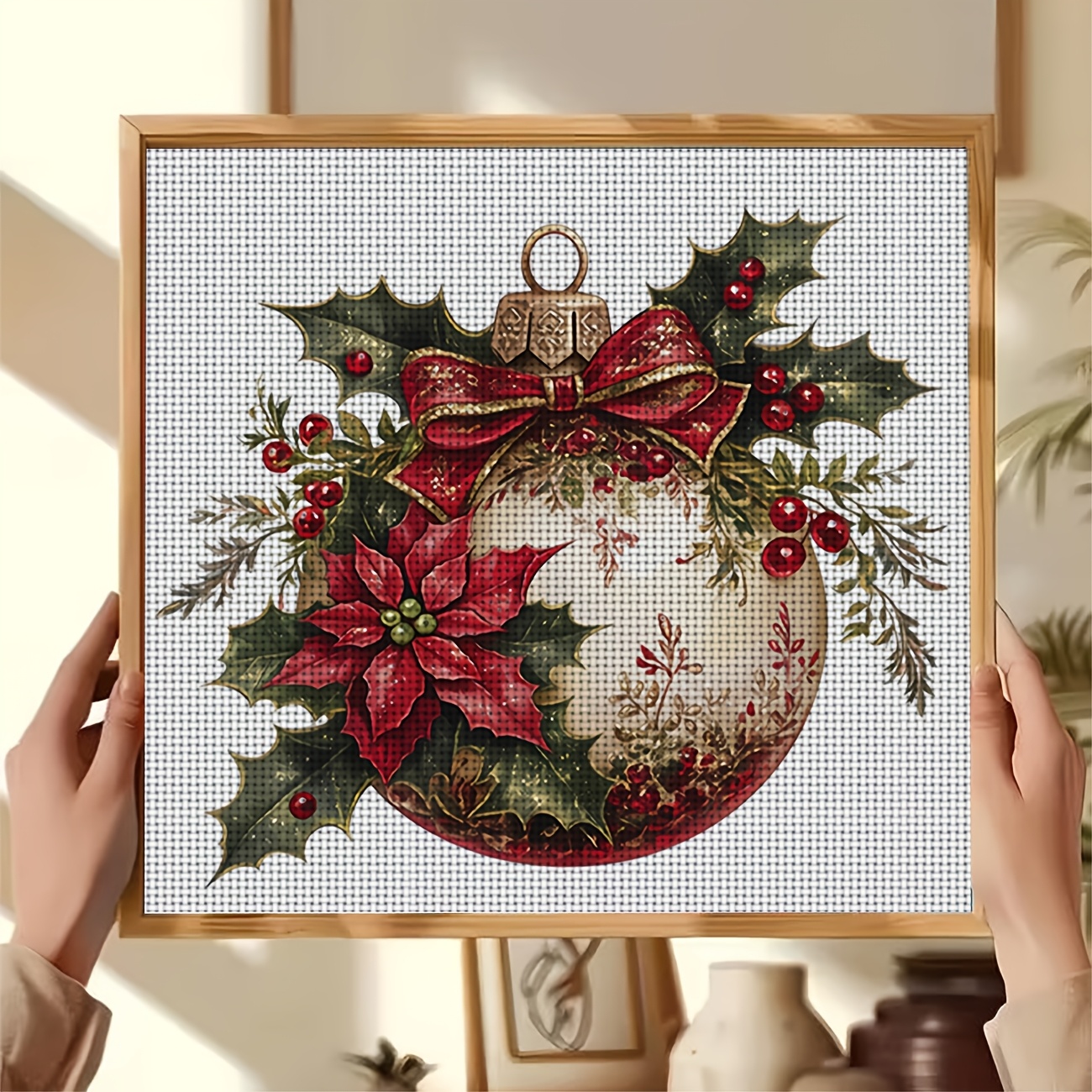 Cross Stitch Printed Kit, Christmas Ornament Red Bow Tie Berry Pattern
