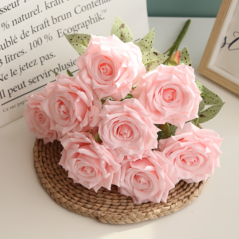 TEMU 9 Heads Lifelike Artificial Rose Bouquet-realistic Plastic Flowers For Valentine's Day, Wedding, Bridal, Engagement Party Decor, Romantic