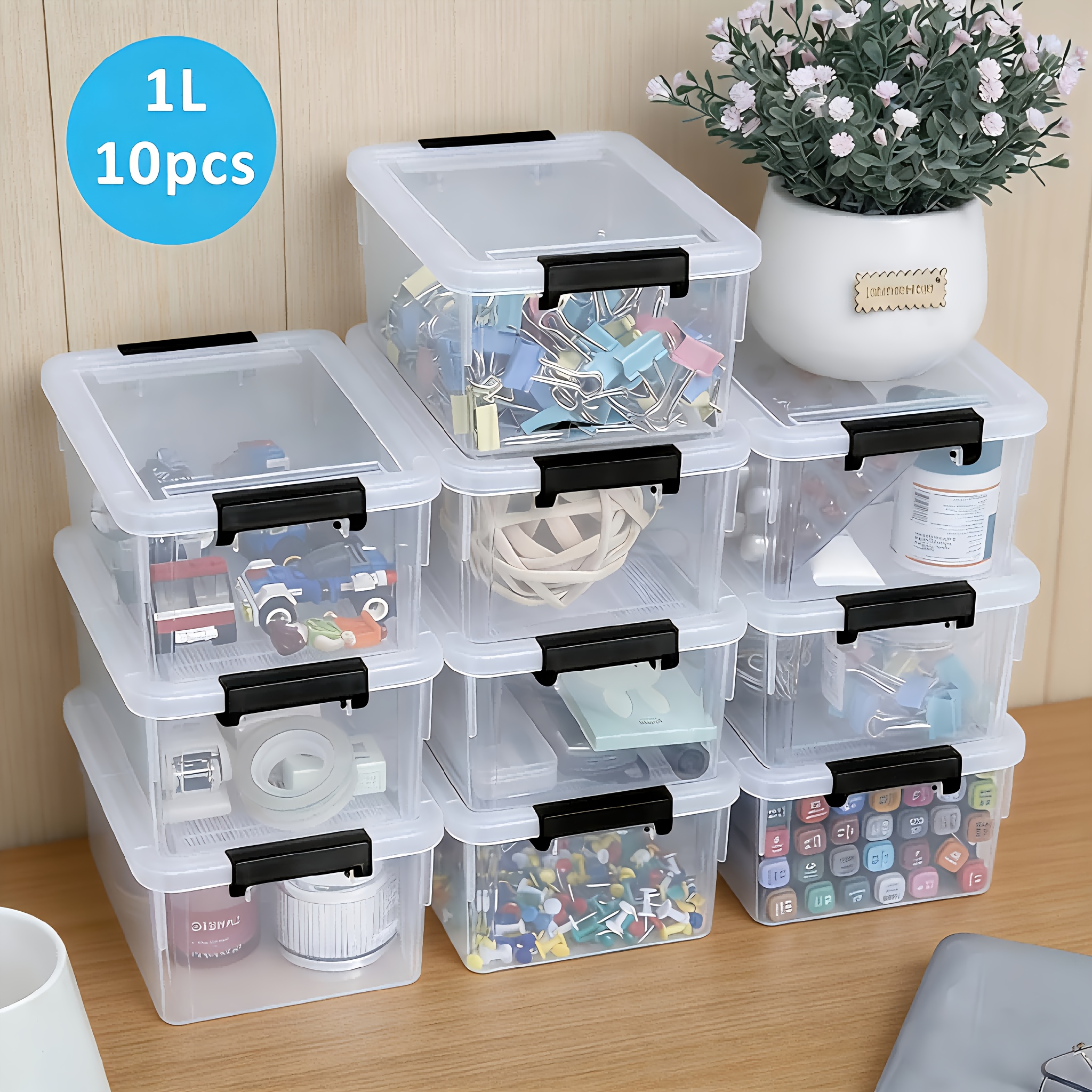 10pcs Set Clear Storage Boxes, 1l With Lids And Closures, Small Storage Jars For Desk,, Stationery, Cosmetics, Medications, Snacks, Dustproof And Moisture-proof