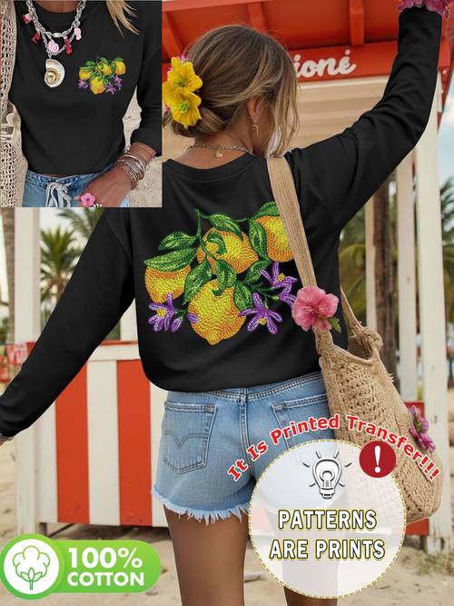 Artikelbild doppelseitig bedrucktes freizeit-top für damen für frühling/herbst, im pastoralen stil mit zitronen-, blatt- blumenmustern, reines langarm-t-shirt mit rundhalsausschnitt