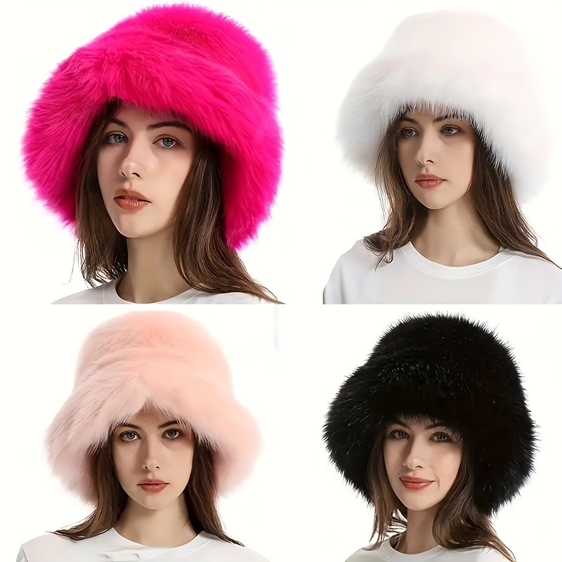 

Women's Solid Color Faux Fur Soft Winter Bucket Hat, Windproof Portable Plush Fuzzy Hat For Party Cosplay Costume For Music Festival