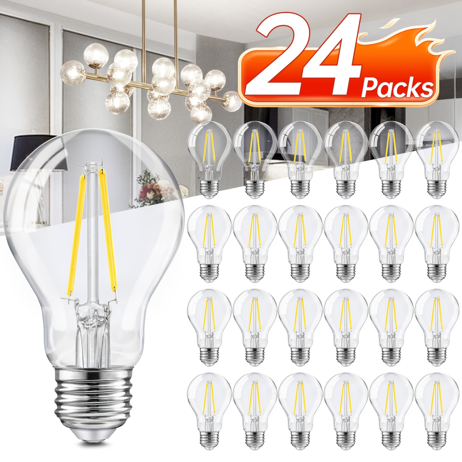 TEMU 24/12/6/4 Packs Vintage Edison A19 Led Bulb, 60w Equivalent 800lm, 2700k Warm White/5000k Daylight- E26 Base A19 Filament, 80+ Cri, 15, 000hrs ,