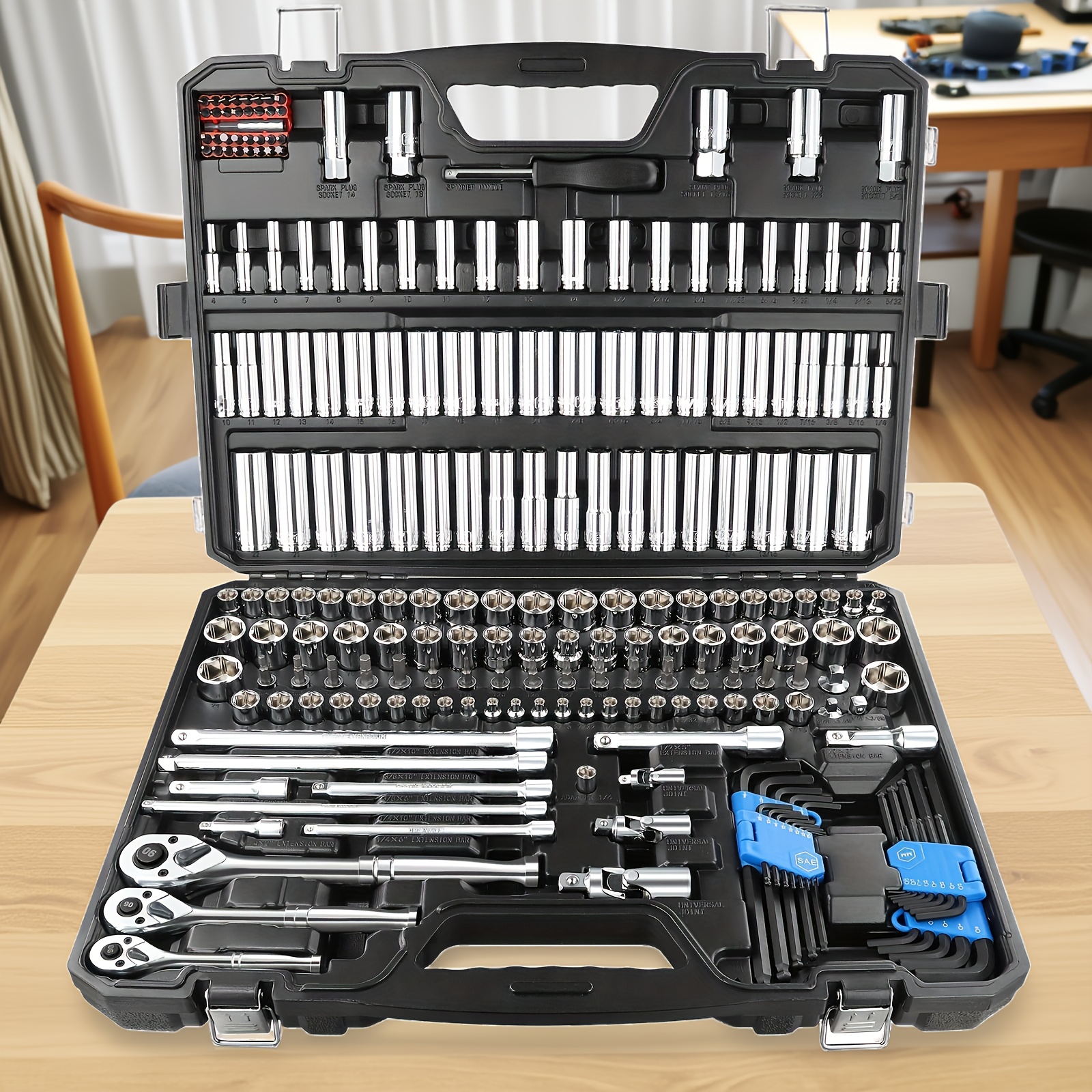   auto repair tool set with 1 4 3 8 1 2 drive sockets   sizes 90 tooth ratchet 225 20pcs ideal for car bike repairs   with a heavy duty toolbox