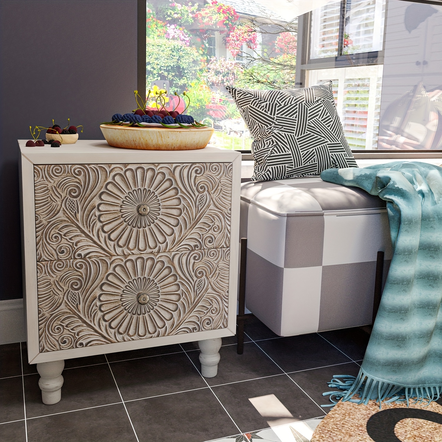 TEMU End Table With 2 Drawers, Mdf Vintage Style Table, Carved , High-quality Bedside Nightstand, Living Room Additions For Home, Office, College Dorm, Housing Essentials, Christmas Gift For Women