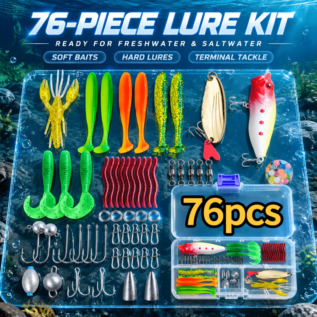 TEMU Kit de pêche au leurre , comprenant une boîte de rangement contenant divers types de leurres souples bioniques, leurres durs et leurres