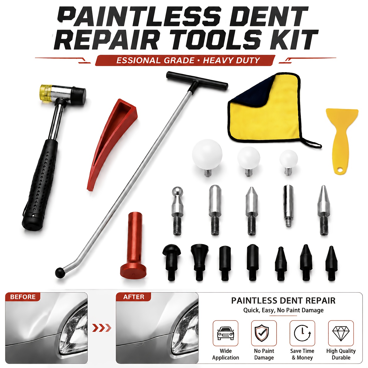 Image of Paintless Dent Repair Kit, Stainless Steel And Hook Set For Automotive Dent And Hail Damage Repair; Features T-handle Push Rods, Interchangeable Tips, Door Panel Tools, And A Hammer