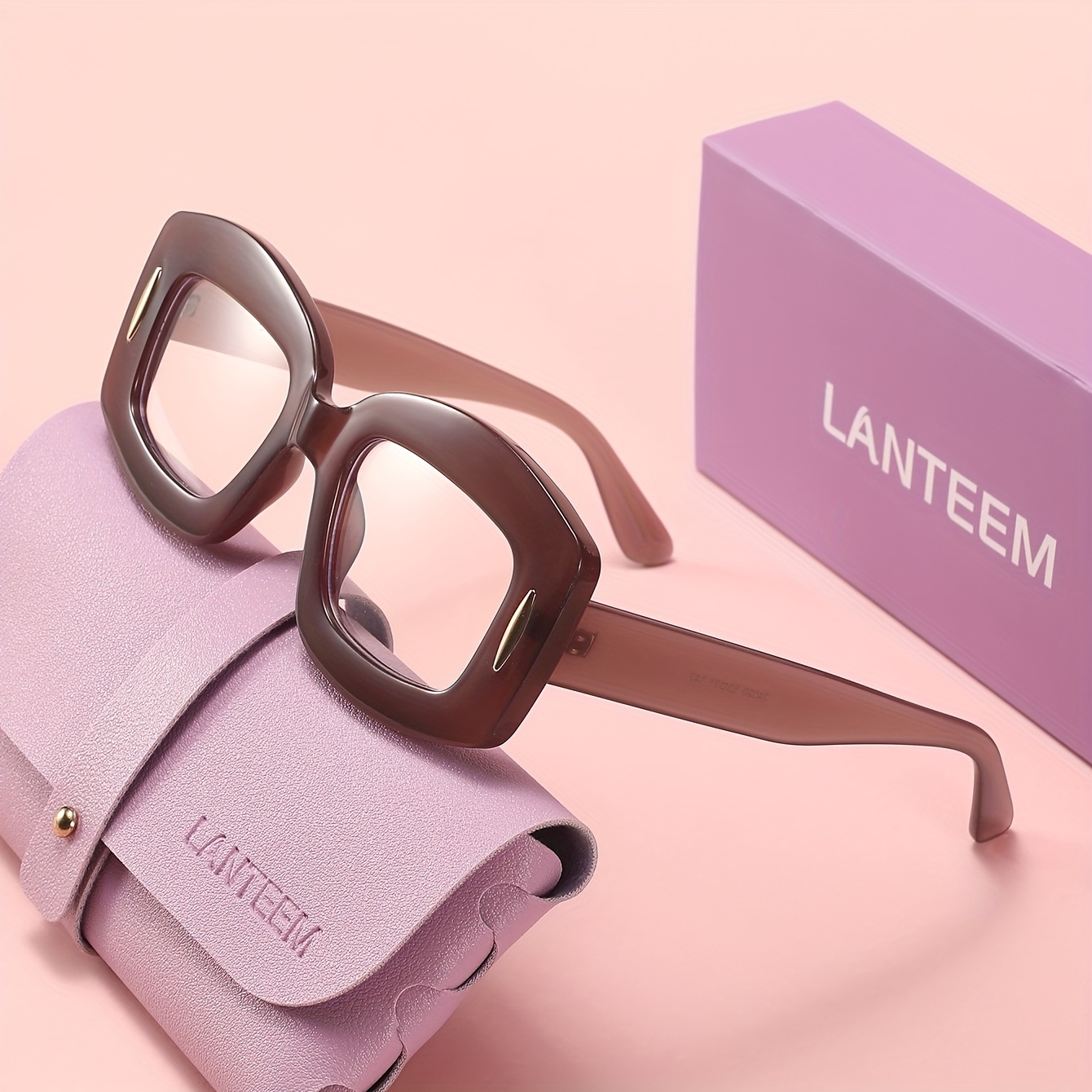 TEMU LANTEEM (Estuche de Cuero Libre para Gafas y Estuche Protector Exterior) 1 Par de Gafas de Moda Cuadradas de Pierna Ancha, Espejo Personalizado