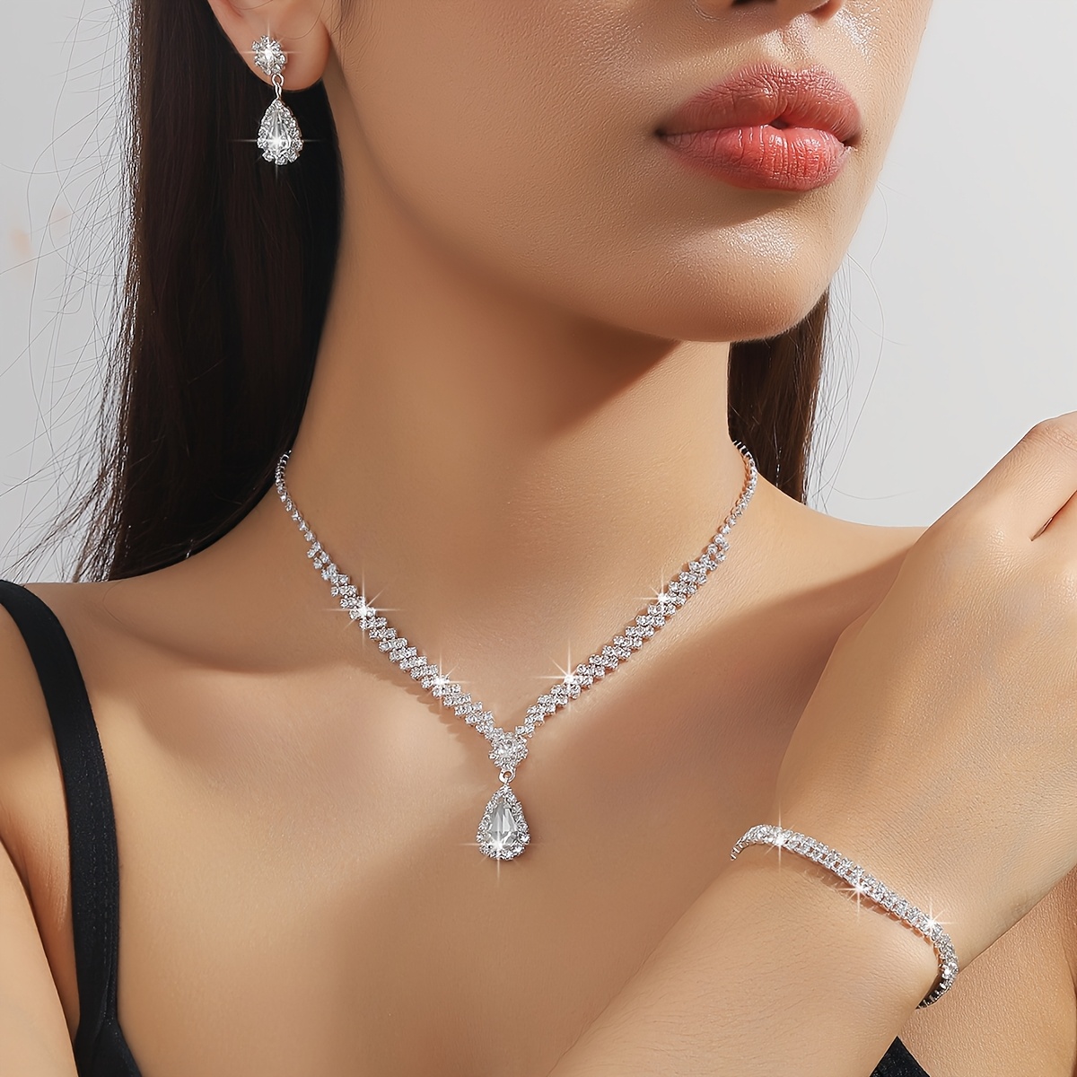 TEMU Teardrop-style Bridal Women's Necklace Set, Sexy Jewelry Set Suitable For High-end Evening Gowns, High-end Dinner Parties, And Weddings