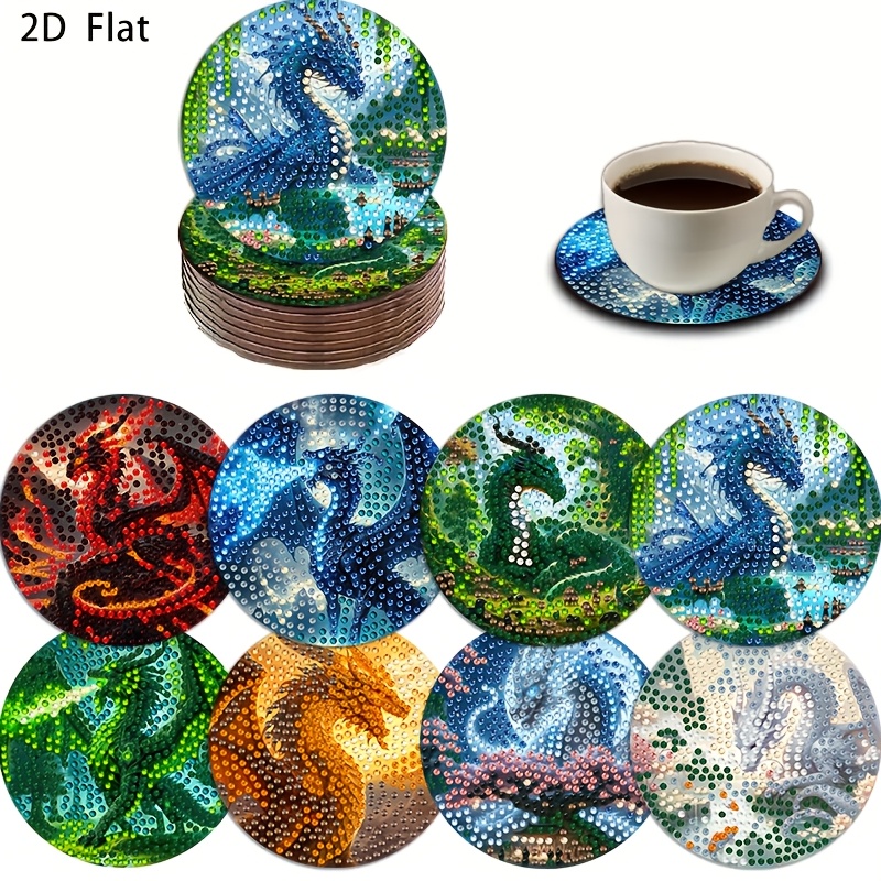 TEMU Diamond Painting - 8pcs Fantasy Dragon Diamond Coaster Set Coaster Non-slip Drink Mat - Car Coaster, Tea Cup Mat, Coffee, Drink Mug Coaster,