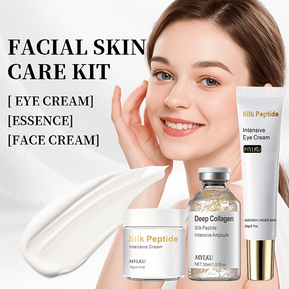 Set Intensiv de Îngrijire Facială cu Peptide, Inclusiv Cremă de Față, Cremă pentru Ochi, Esență, Bogat în Peptide de Cupru, Acid Hialuronic, Retinol, Colagen, Reducerea Aspectului Liniilor Fine, Ridurilor, Zgârieturilor, Liniilor de Râs, Liniilor de Trăgăci, Etc. Potrivit pentru Toate Tipurile de Piele