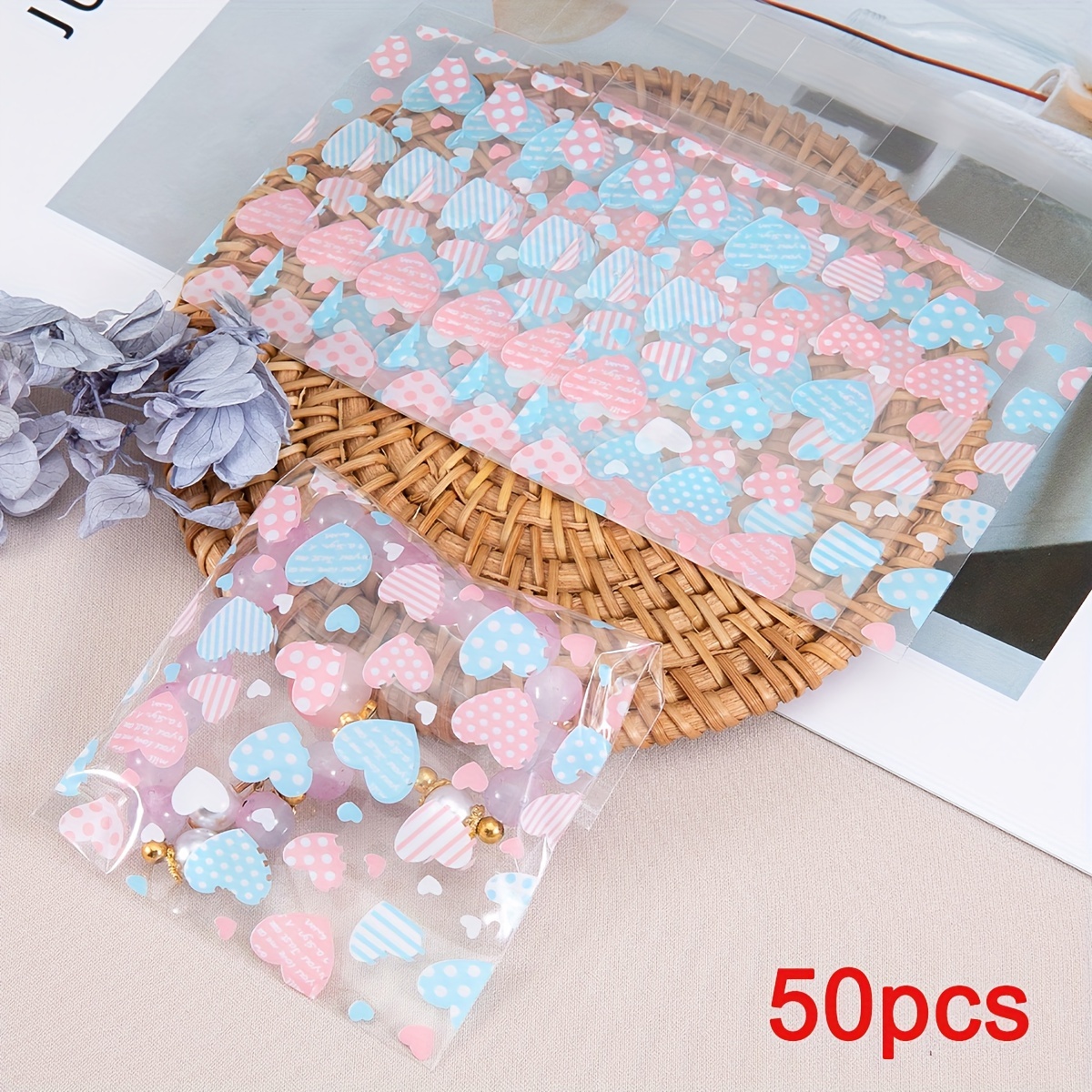 50pcs Love Transparent Packaging Bags Self-adhesive Plastic Bags For Jewelry Gift Biscuit Packaging