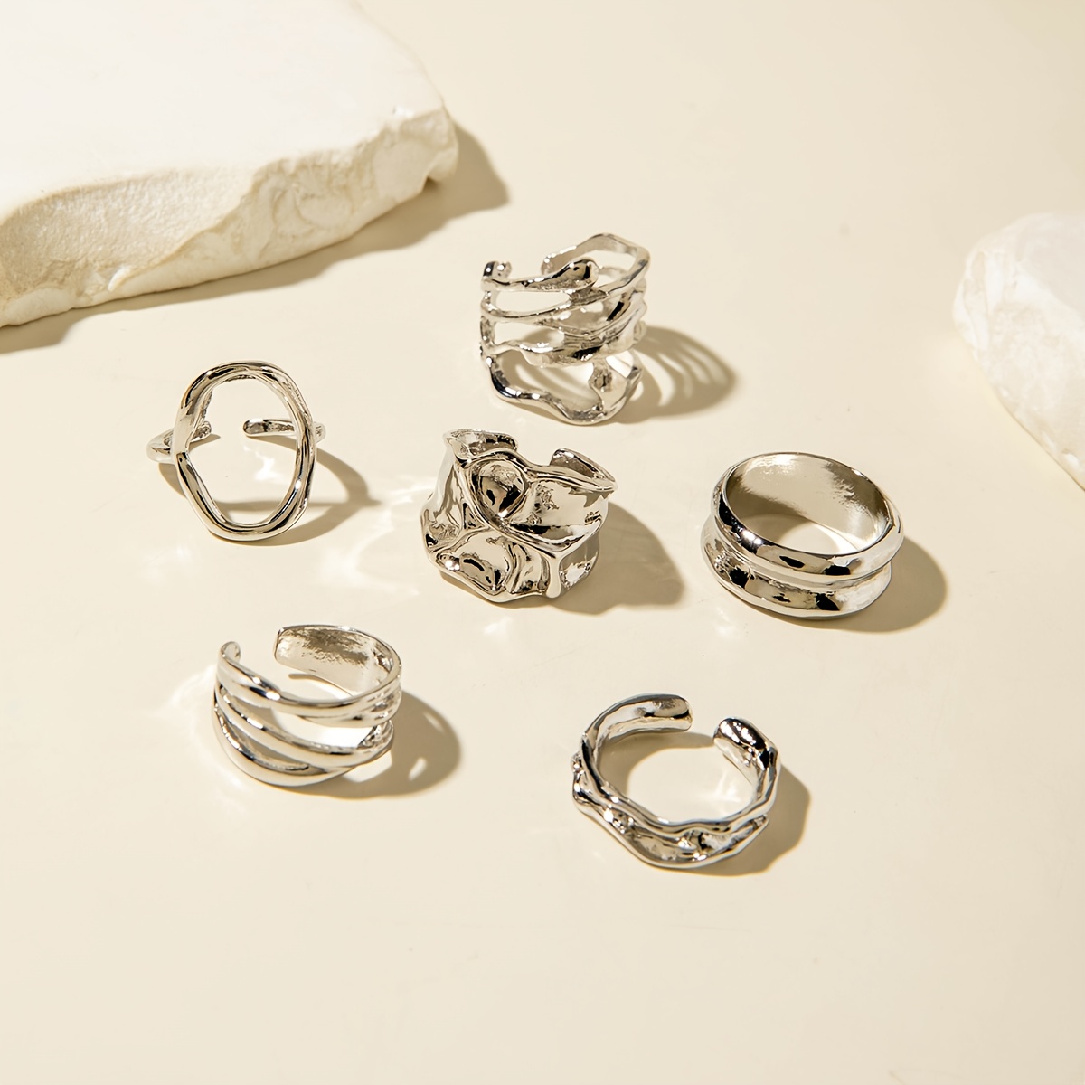 6pcs Retro Metal Geometric Hollow Ring Set for Women