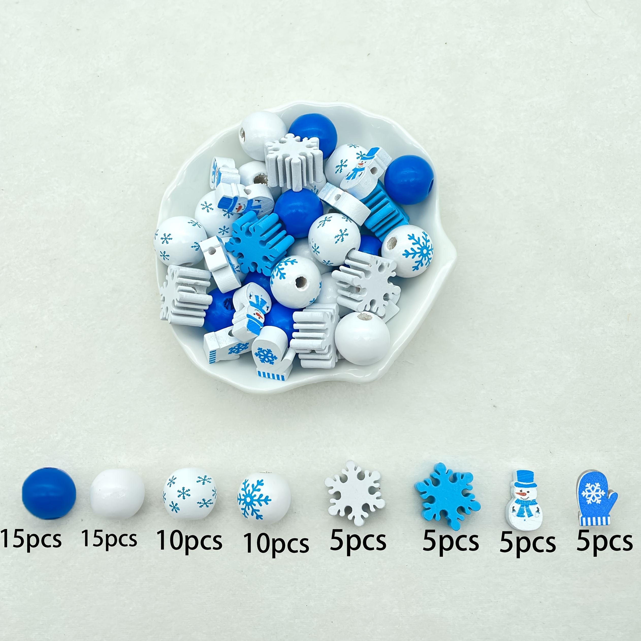 Image of 70pcs Snowflake Wooden Beads 20mm Snowflake Shape Wooden Beads 16mm Blue And White Round Beads Snowman Glove Shape Wooden Beads Can Diy Bracelet Keychain Ornaments Party Decorations Handicrafts