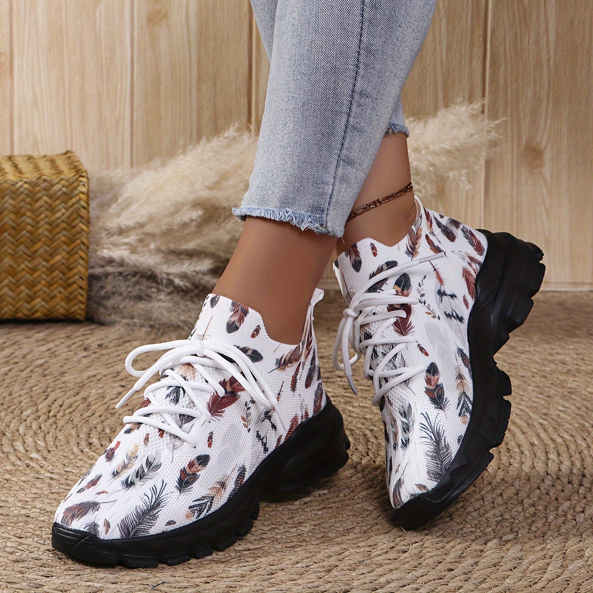 

Feather Print Women's Sneakers: Casual, Breathable, Low Top, Lace Up, Fabric Upper, Eva Sole, Suitable For All Seasons