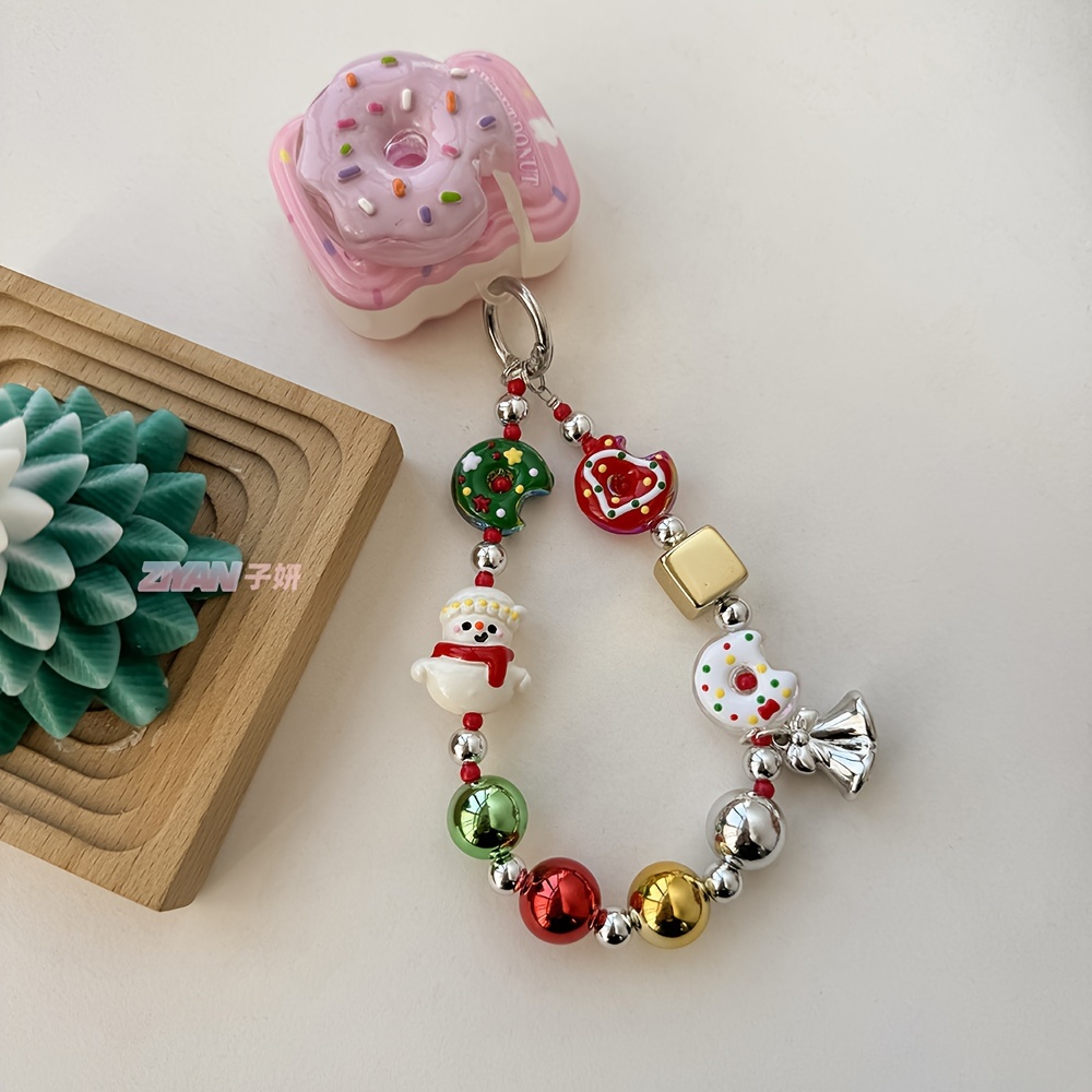 

1pc Cute Christmas Snowman Beaded Mobile Phone Chain Pendant Donut Bell Atmosphere Hanging Rope Ornament