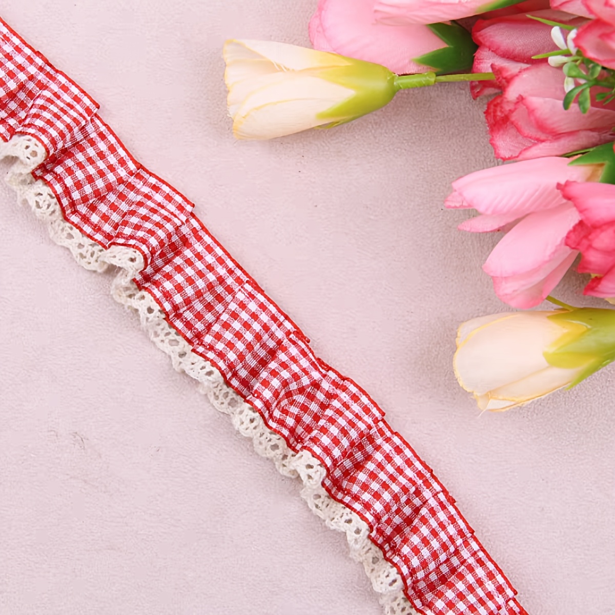 TEMU Exquisito estampado a cuadros floral plisado con volantes y ribete de encaje, ideal para pijamas, trajes de baño, accesorios para el cabello,