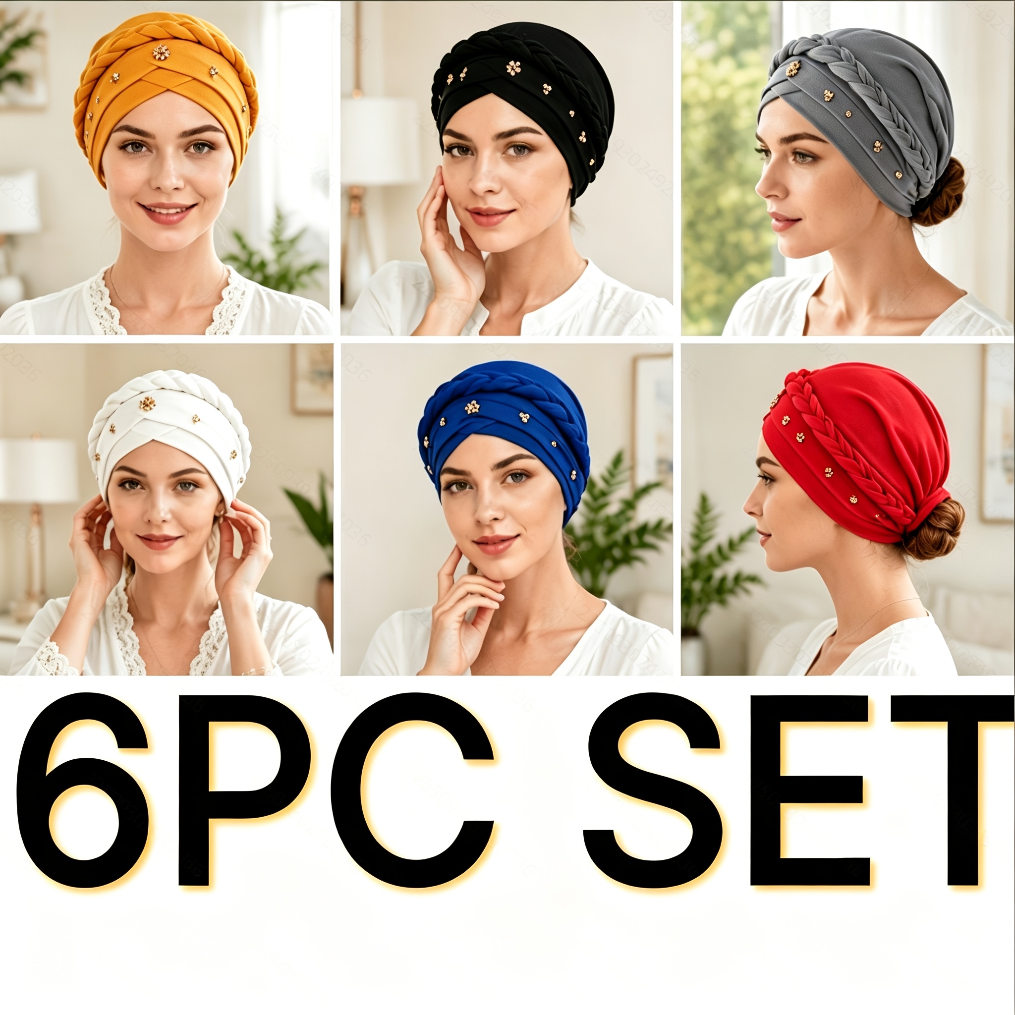 TEMU Chic 6pcs Braided Turban Set For Women, Elegant Headwrap Caps In Assorted Solid Colors, Soft And Breathable , Great For Everyday Wear, Travel