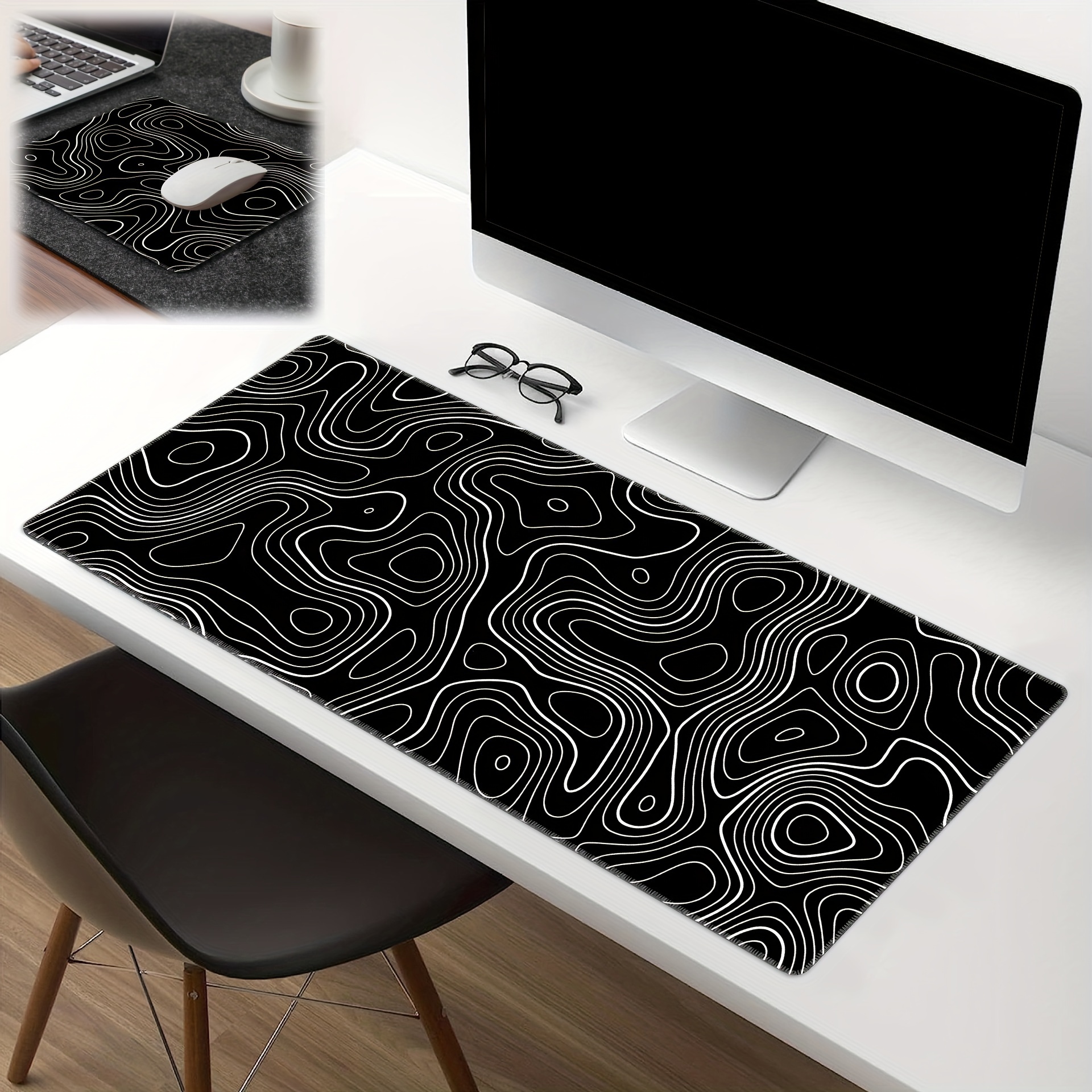 

1pc Landscape Pattern Mouse Pad, Large Size Black Abstract Line Contour Office And Gaming Mouse Pad, Non-slip Rubber Washable Desktop Protector Table Mat, Office Desk Decorative Mat