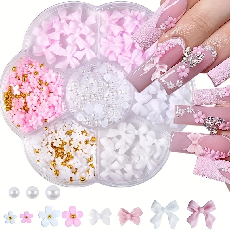 

3d Flower Bow Nail Charms Kit, Pink & White Nail Art Decorations With Half Pearls, Cute Acrylic Flower Gems Manicure Set For Diy Crafts