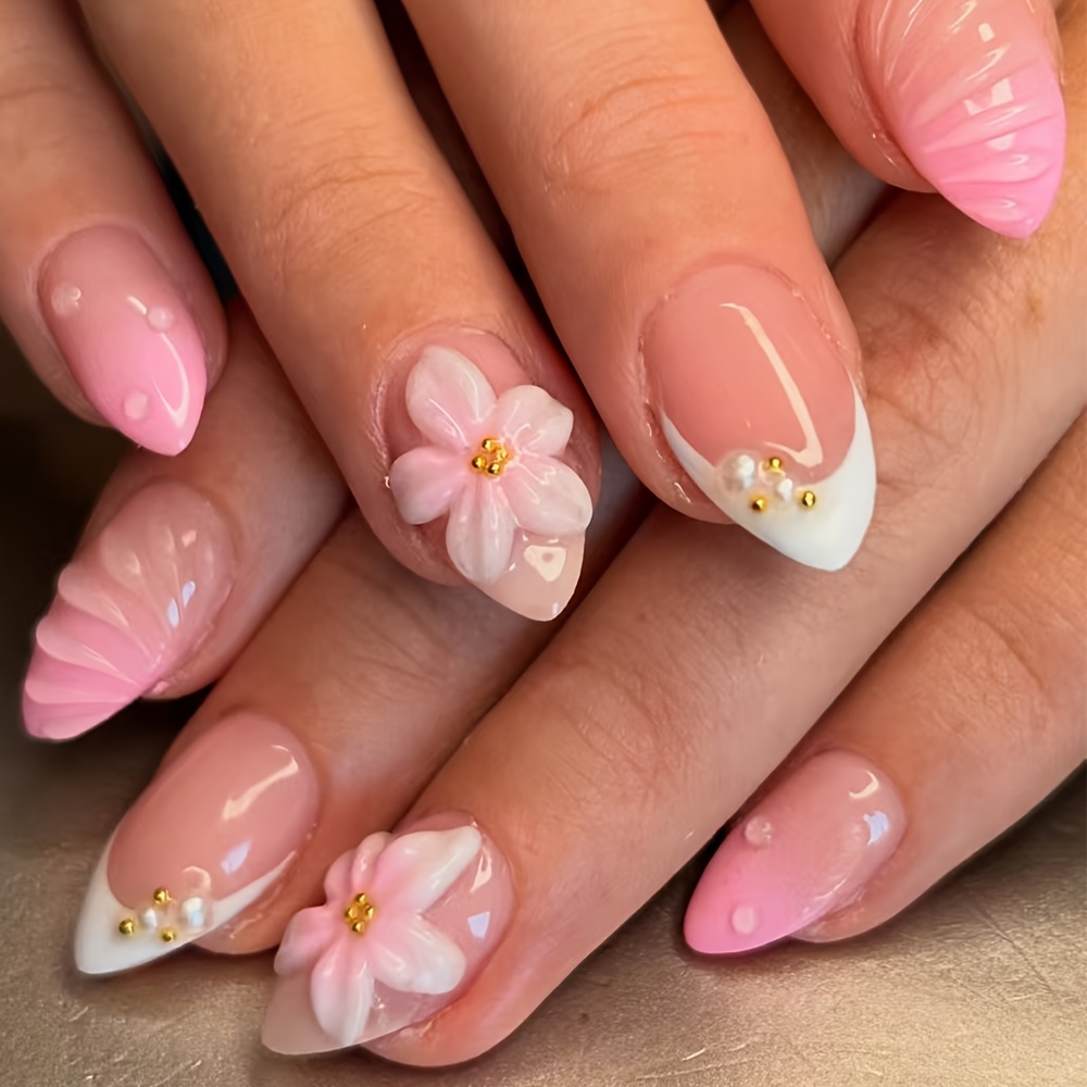 TEMU 24pcs Short Almond Press-on Nails, Sheer Pink With Milky White French Edge, With 3d Cherry Blossoms, Seashell Patterns, And Pearl , Exuding A