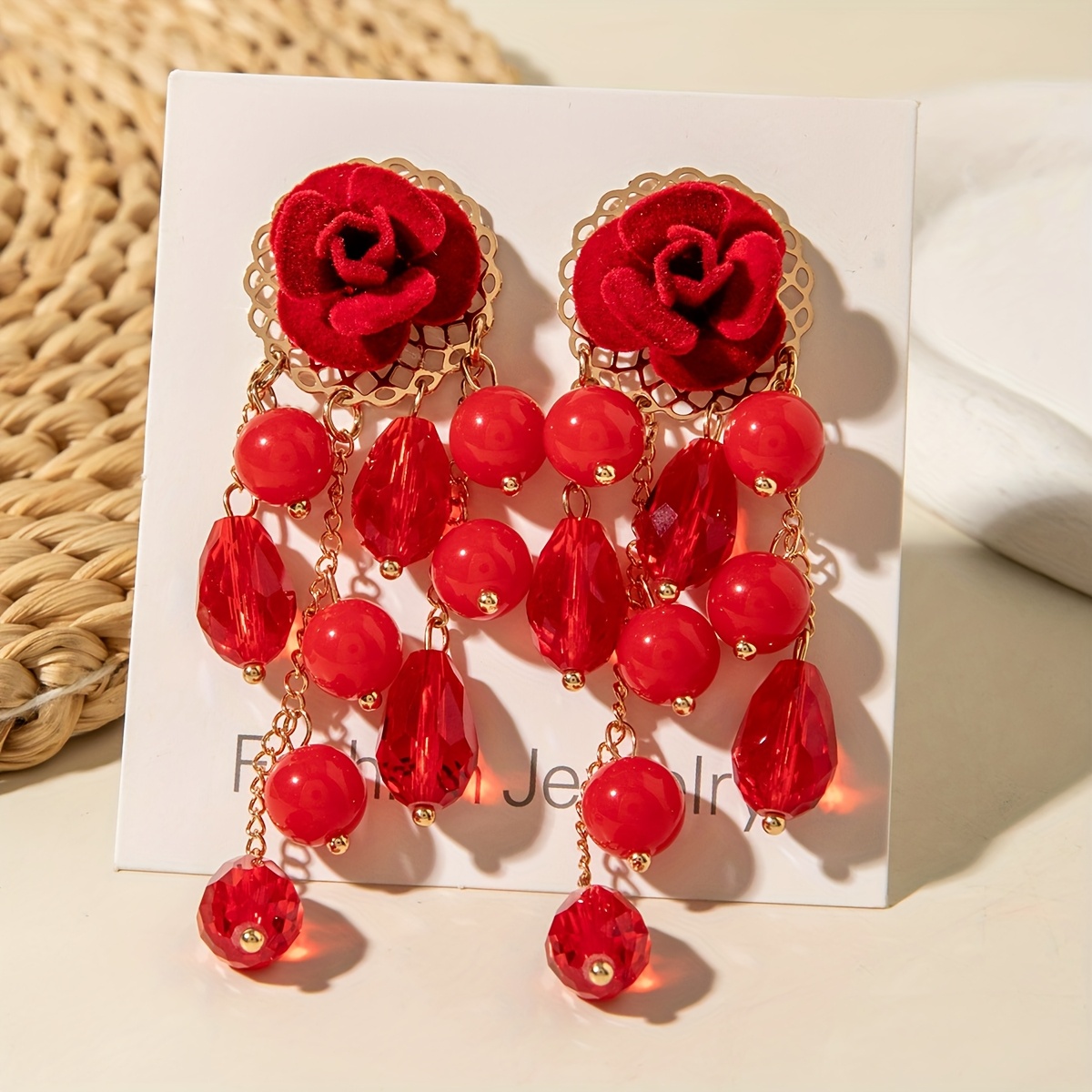 E-shop 1 Paar modische Stoffblumen-Akrylperlen-Zierquaste im Boho-Stil, geeignet für Damen, Abschlussfeier, Party, , Geschenk für Freunde