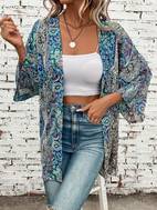 floral print open front tunics casual long sleeve outwear womens clothing