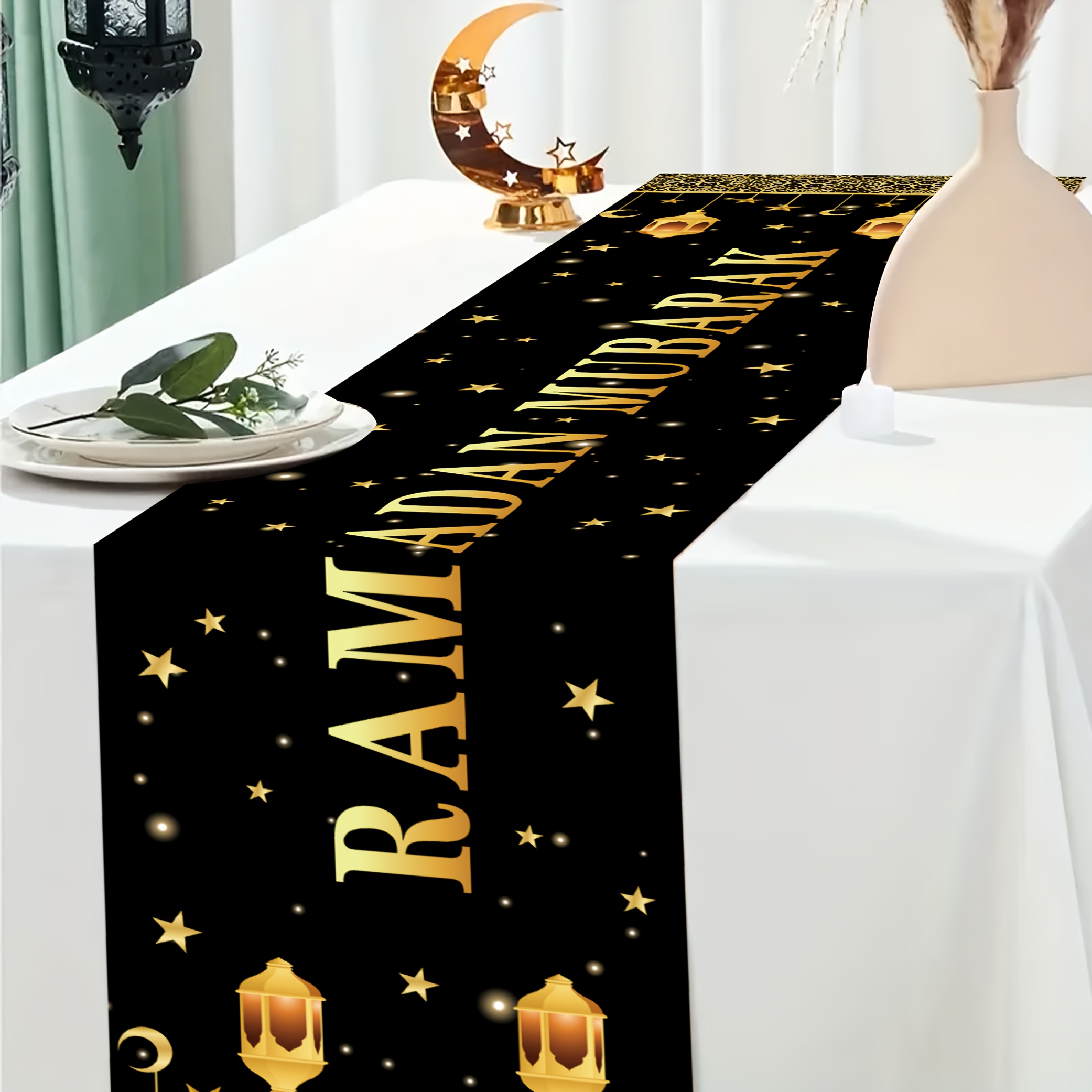 

1pc, Eid Al Fitr Table Runner, 180cm X 35cm, Polyester, Home & Kitchen Decor, Machine Made, Ramadan Celebration Accessory