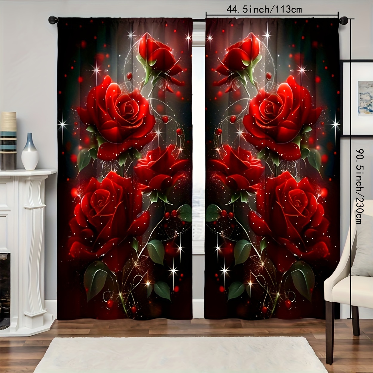 Image of 2pcs Set, Spring- Floral Theme Decoration, Fashionable Romantic Star Rose Pattern Curtain, Polyester Printed Curtain, Bedroom Living Room Home Decoration Rod Pocket Curtain