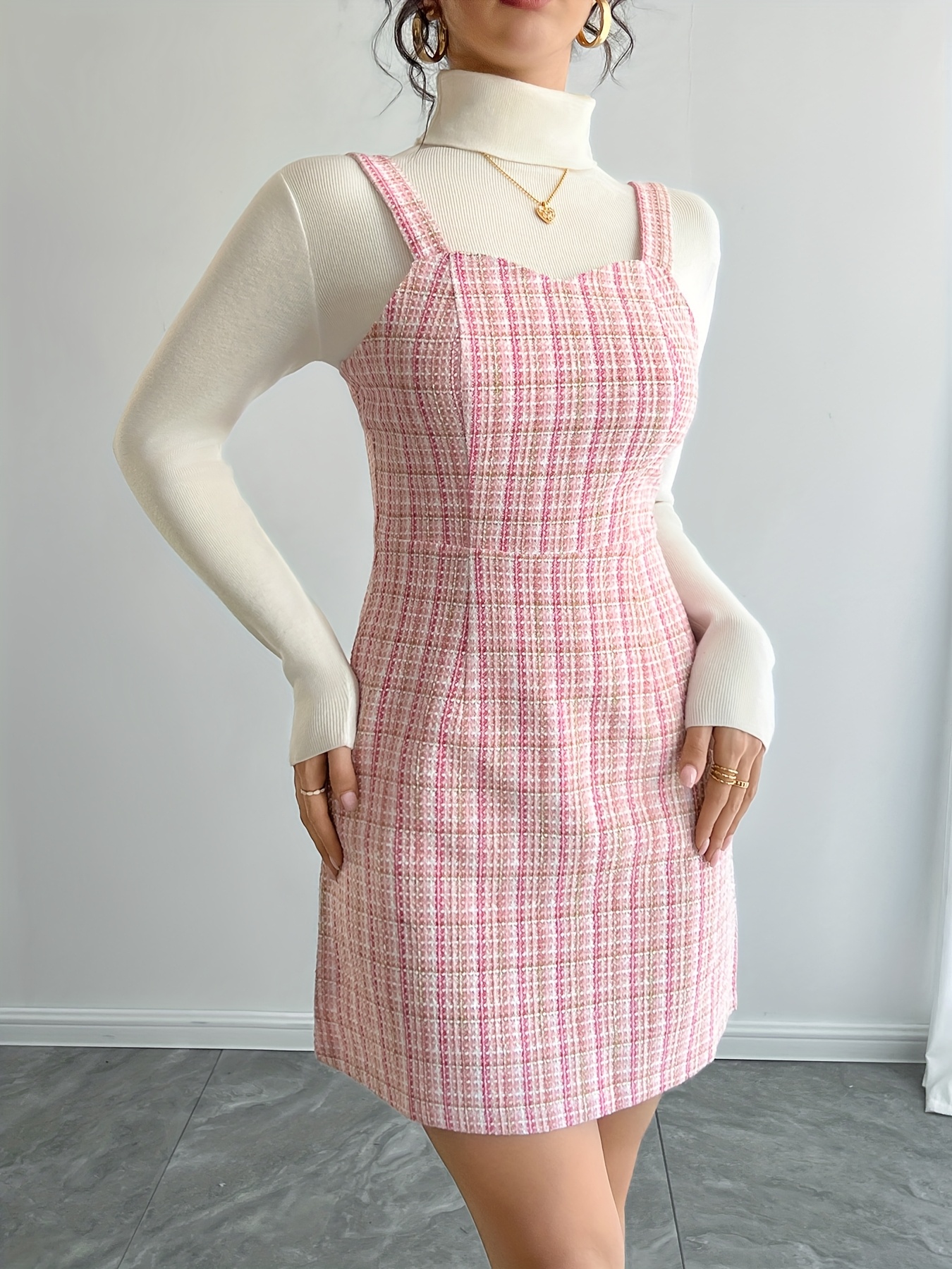 open lace back dress Preppy Rose Pink Tartan Plaid Check Bodycon Dress S