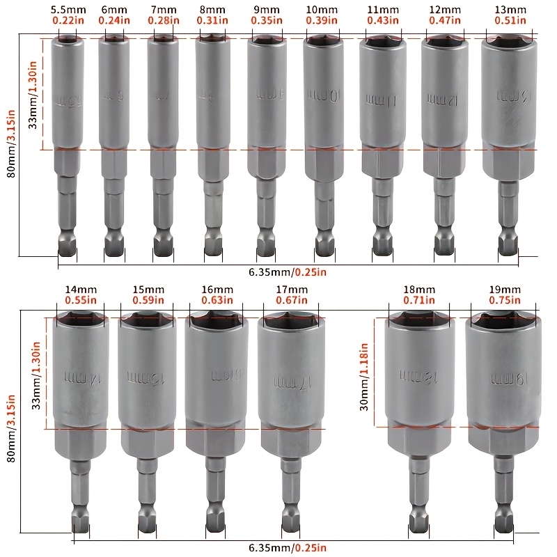 E-shop 15-teiliger Magnetischer Schlagschrauber-Satz | Hochleistungs-Metall-Magnetschlüssel mit rutschfestem Griff für SAE/Metrische Muttern 5,5-19 mm