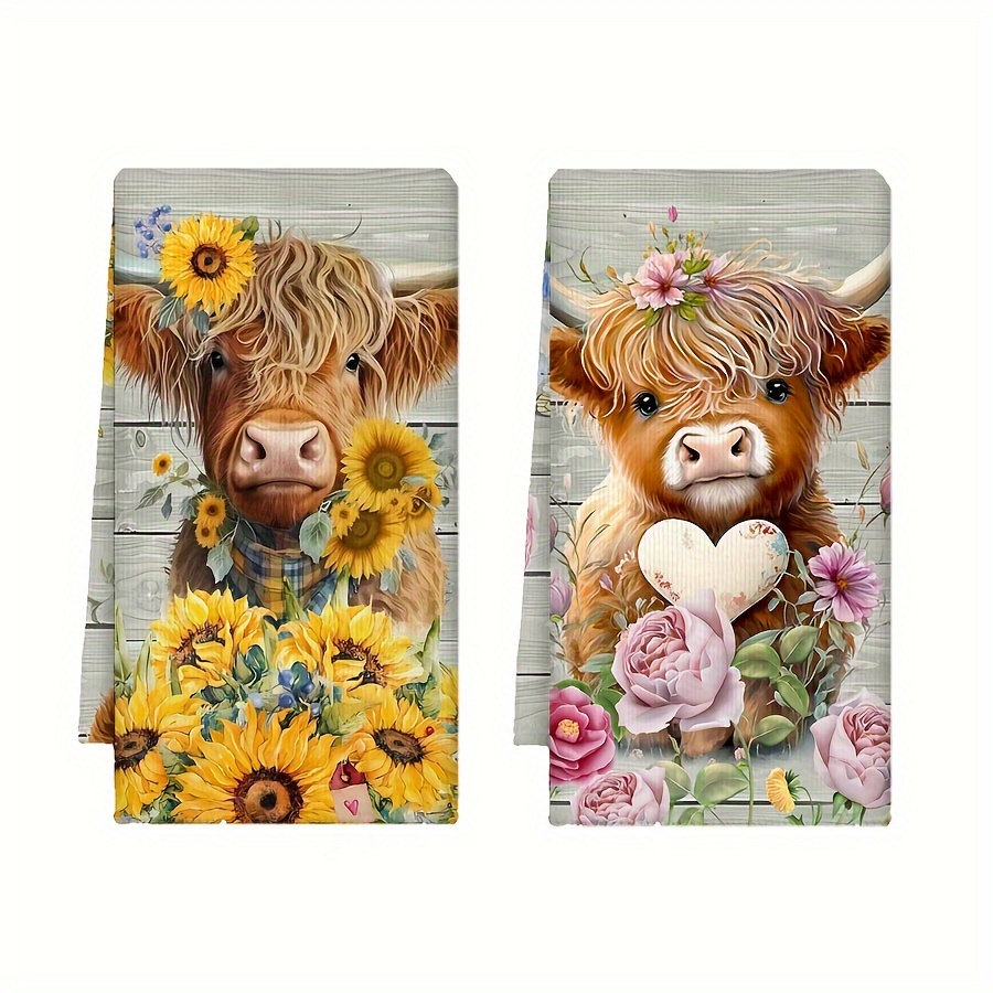 

2pcs, Dishcloth, Highland Cow Kitchen Dish Towels (17.7''x27.5''/45cm*70cm), Rustic Farmhouse Utensil Seasonal Decor, Cute Cow Decorative Hand Tea Towels For Home Cooking, Baking, Cleaning