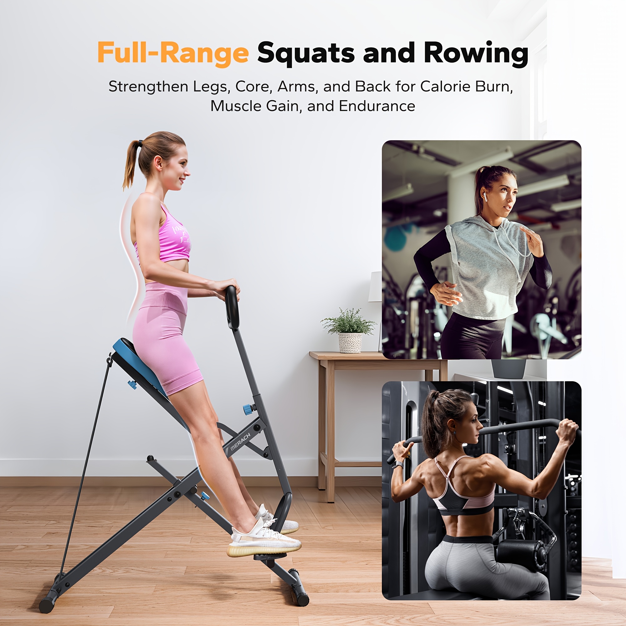 MERACH 2-in-1 Squat & Rowing Machine - Foldable Glute Trainer with Adjustable Resistance, Ergonomic Seat Cushion & Compact Home Gym Equipment for Legs, Back, Arms Workouts (White/Black), Spacesaving Fitness Gear, Secure Pedal Straps, Sturdy Frame Construction
