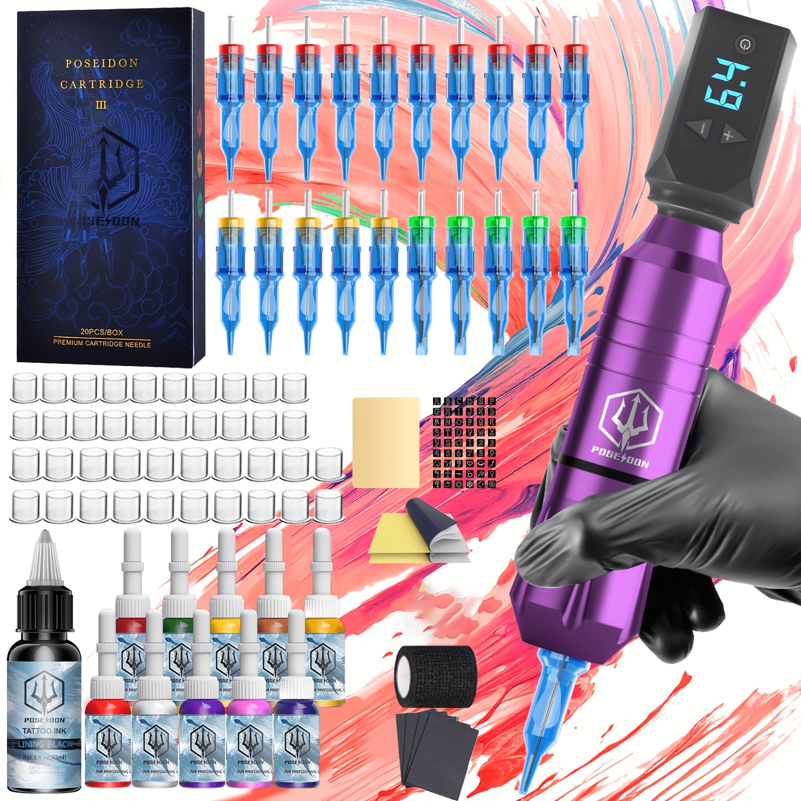 poseidon tattoo pen kit tattoo kit with 20pcs tattoo cartridge machine tattoo pen with 1200mah capacity wireless   kit with   motor   for tattoo equipment supply
