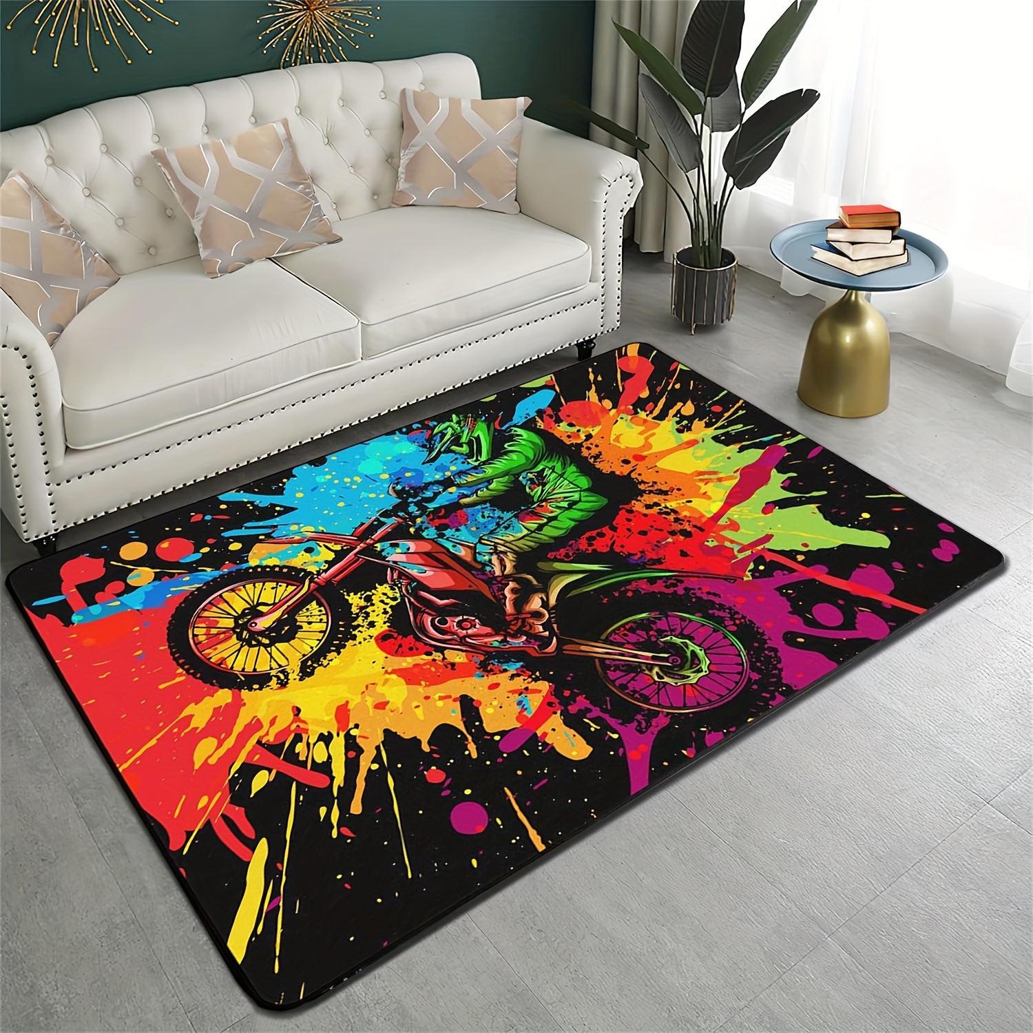 TEMU Non-short Plush +1.1cm Memory Foam + Anti-slip Backing 1pc Rock Style Motorcycle Pattern Flannel Area Mat, Tapestry, Yoga Mat, Suitable For