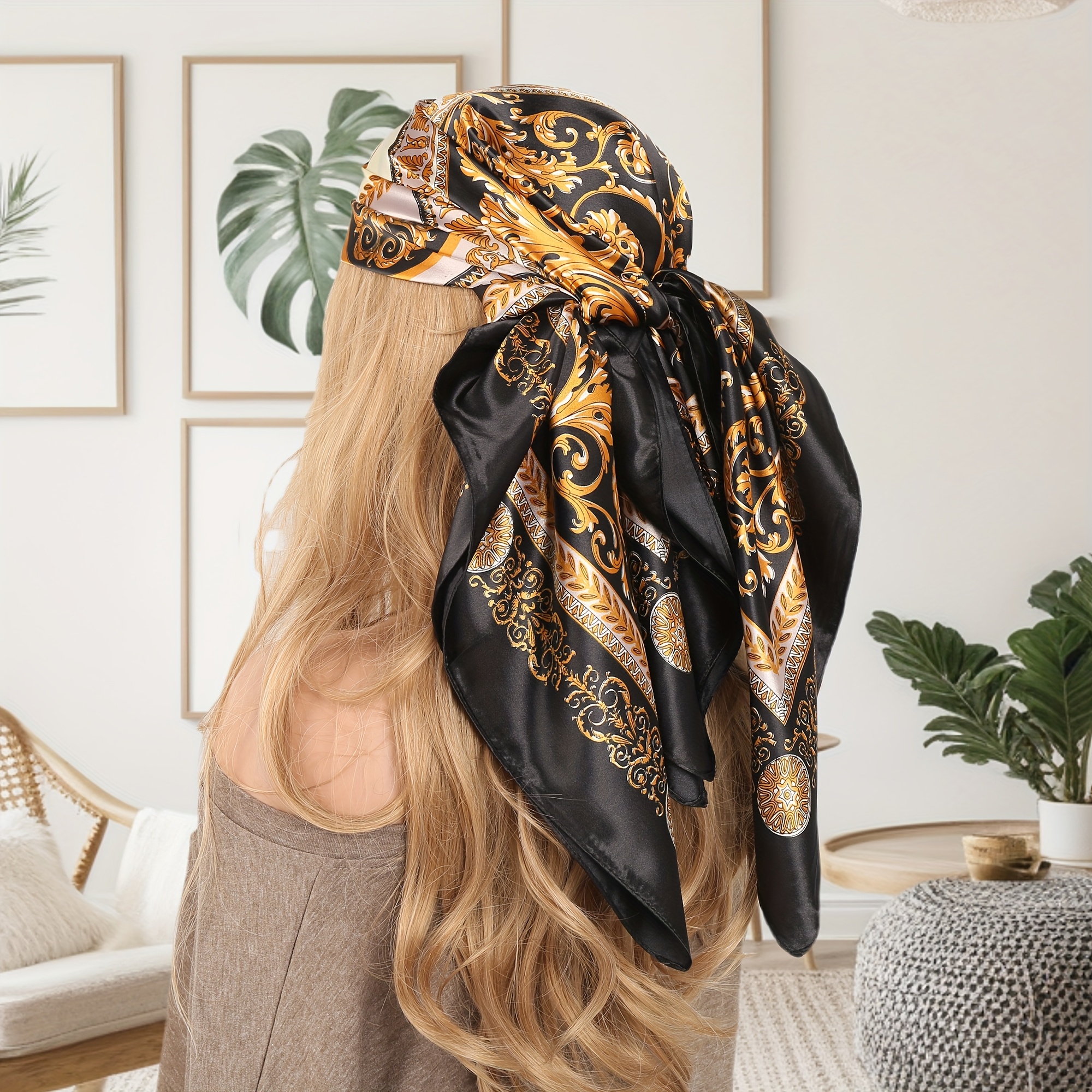 womens vintage paisley print satin scarf 90cm square black Temu Oman