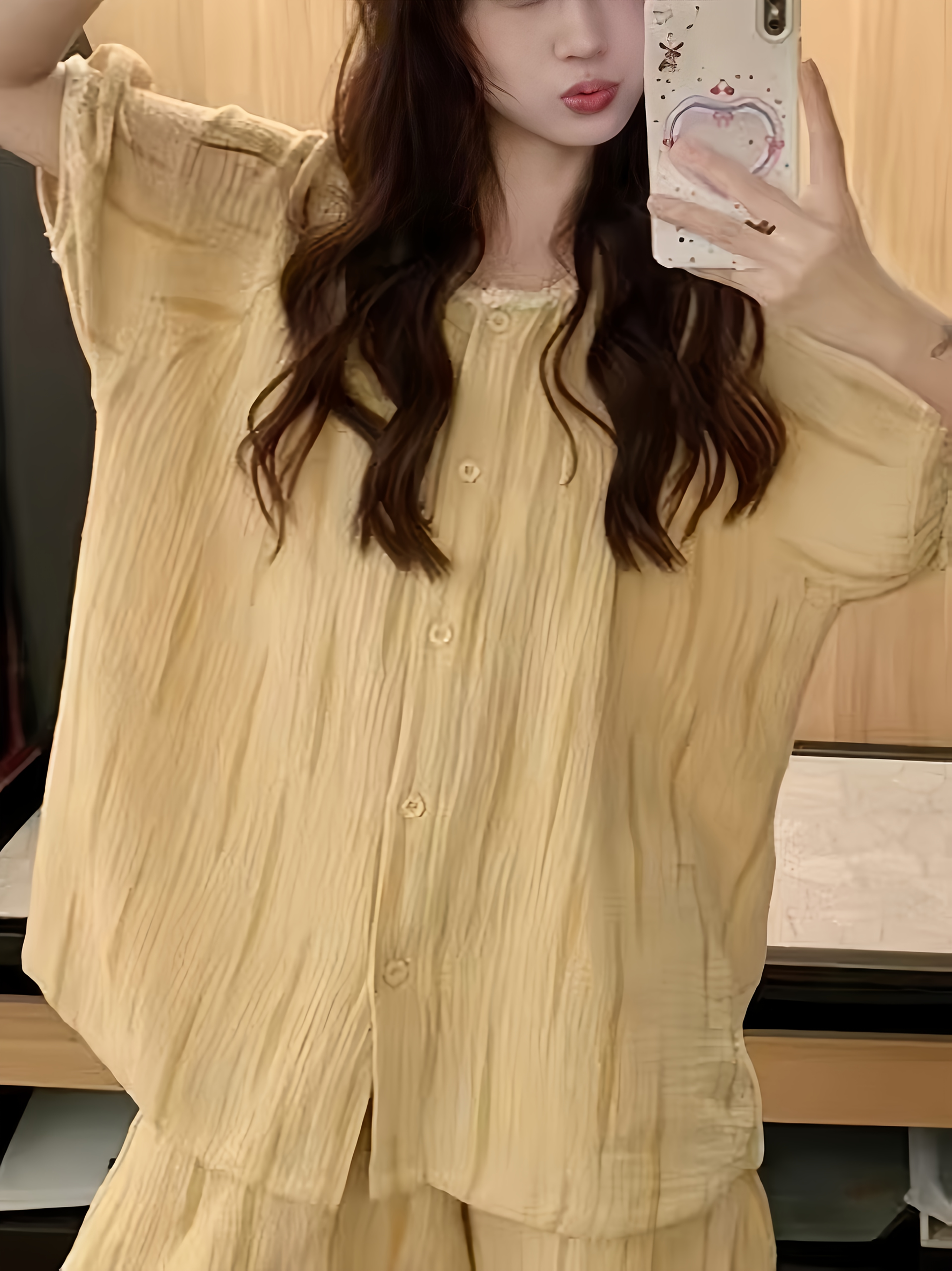 Casual Light Yellow Striped   Short Sleeve Pajama Set - Loose   Puff Sleeve Top & Elastic Waist Shorts - Sweet & Comfortable Summer/ Autumn Loungewear, Versatile for  
