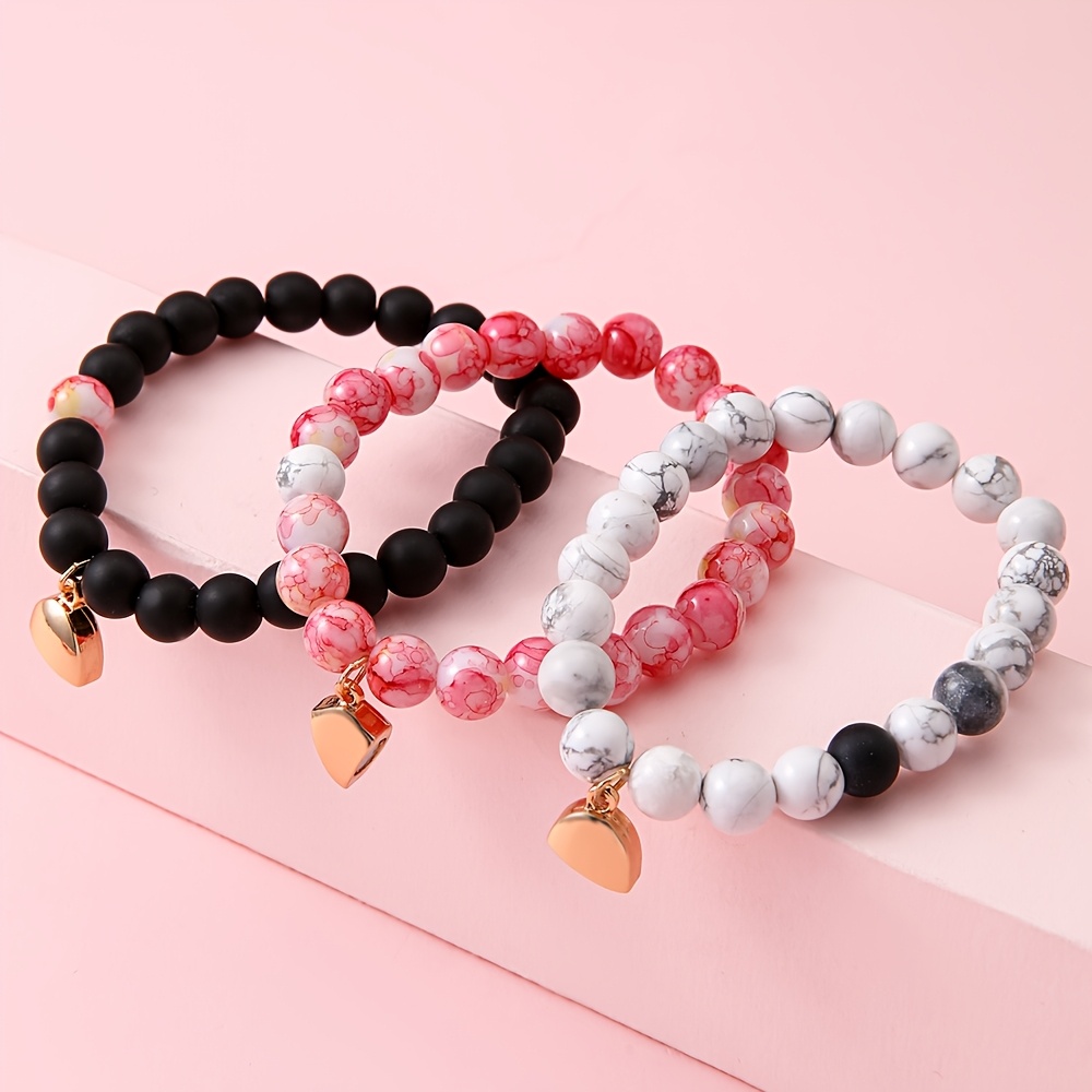 3pcs Stretch Bracelets with Heart Pendant, Colorful Set