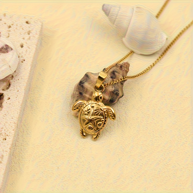 Unique Sea Turtle Pendant Necklace with Starfish Texture