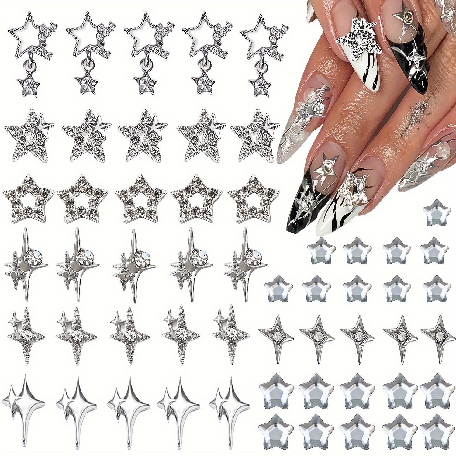

55-piece Silver Star Nail Charms Set - 3d Alloy Rhinestones For Acrylic Nails, Y2k Inspired Nail Art Decorations, Odorless - Perfect For Women & Girls (9 Styles)
