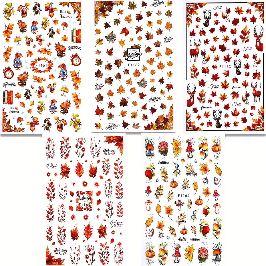 5pcs Maple Leaf Autumn Art Stickers Thanksgiving Day Pumpkin Fallen Leaves Decals Mushroom Hedgehog Manicure Sliders