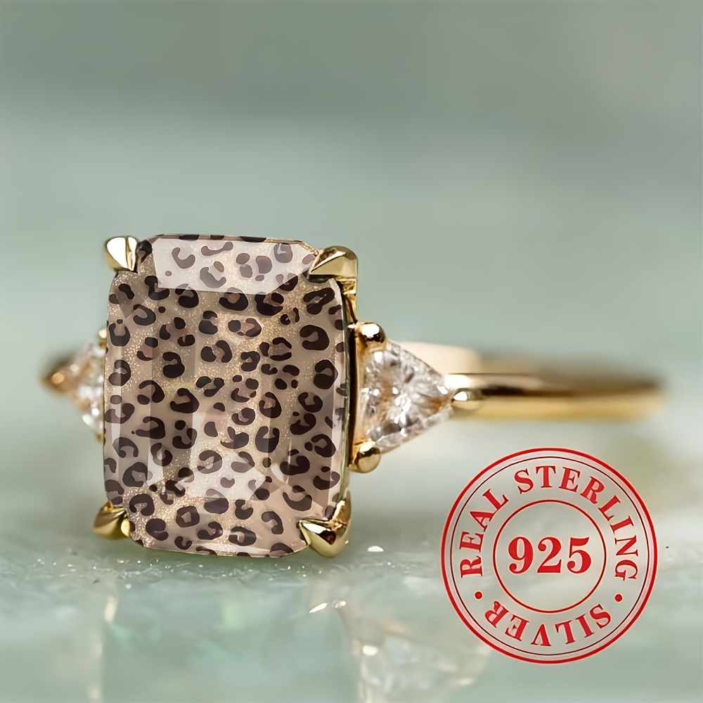 TEMU Silvery Rectangular Leopard Print Shimmering Background Ring, Women's Triangular Side Stone, Classic Engagement Ring, Exquisite Proposal Gift