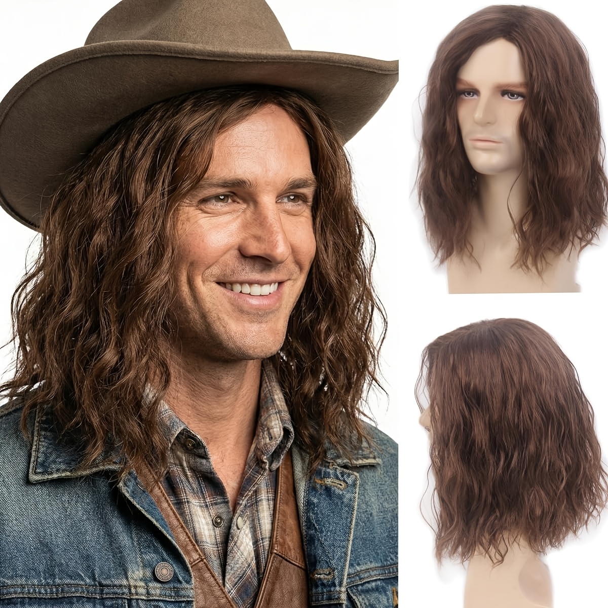 TEMU Men's -looking Curly Wig Suitable For 60s 70s Hippie Costume, Anime Themed Parties & - Curly Wavy Hairpiece With, Shoulder-length For Themed
