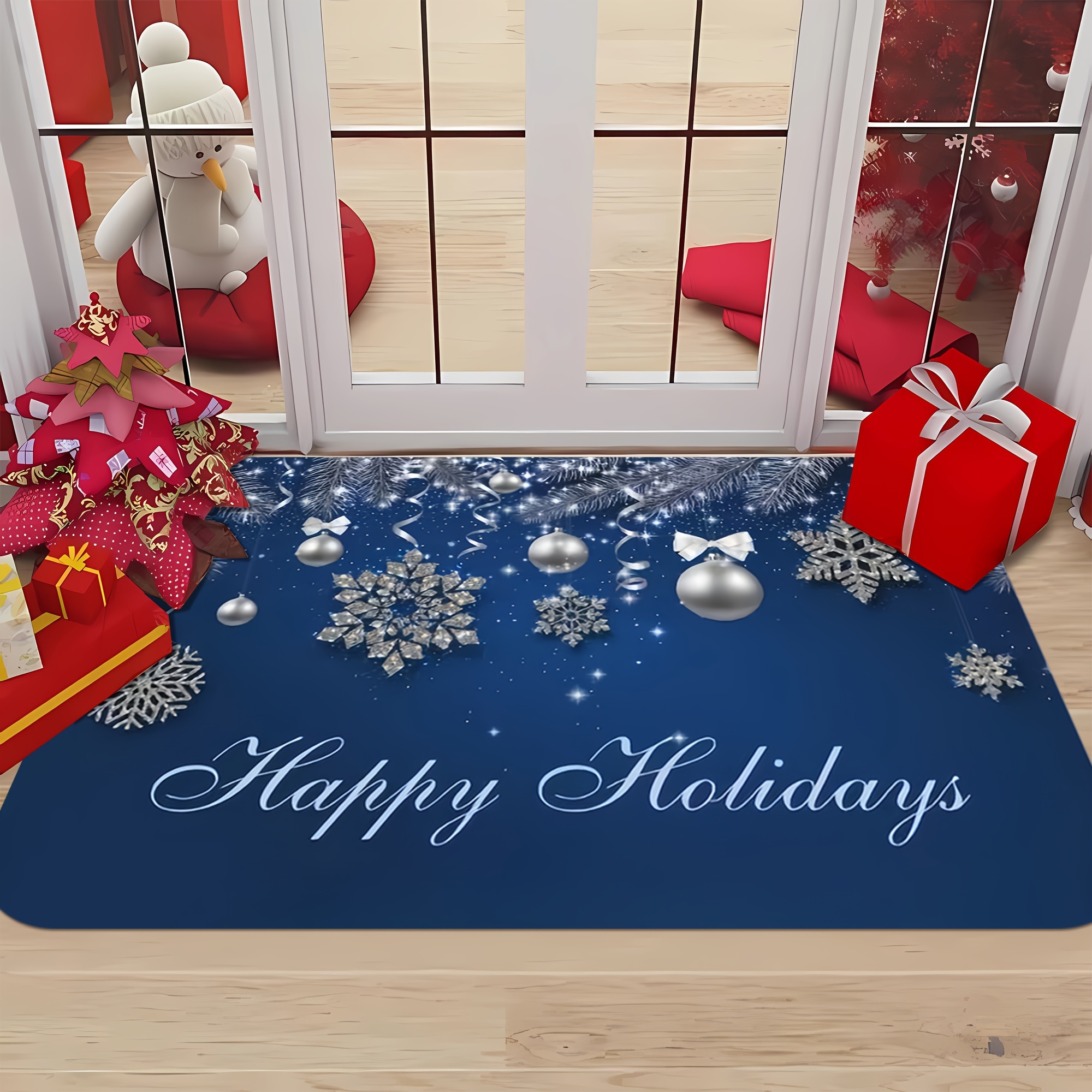 

Christmas Cheer Door Mat - & Snowflake Design, Non-slip, Easy Clean, Stain Resistant, Machine Washable Flannel Foam Pad For Living Room, Bedroom, Kitchen, Office - Perfect Decor