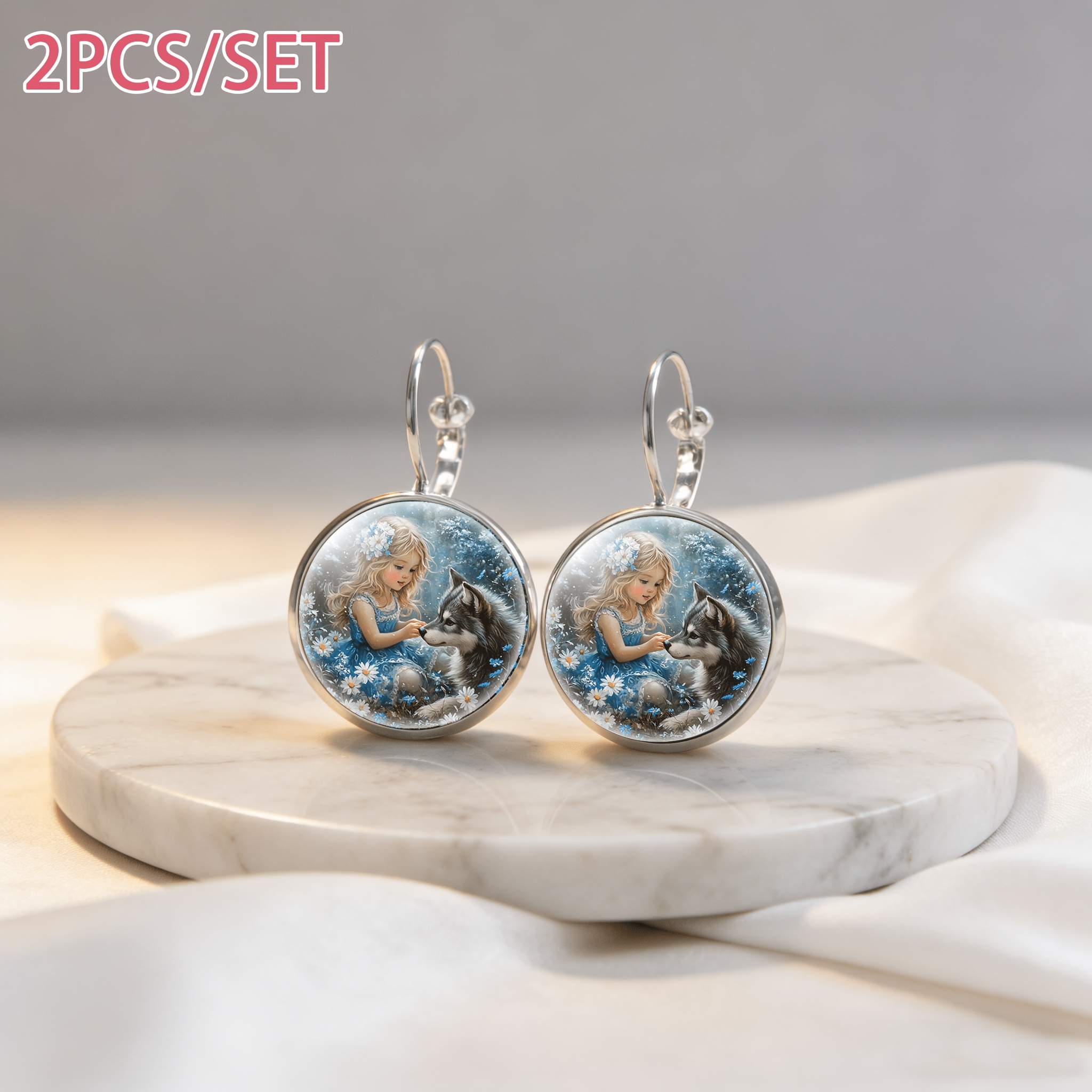 2pcs Set White French Ear Hook Earrings, Wolf and Flower Design