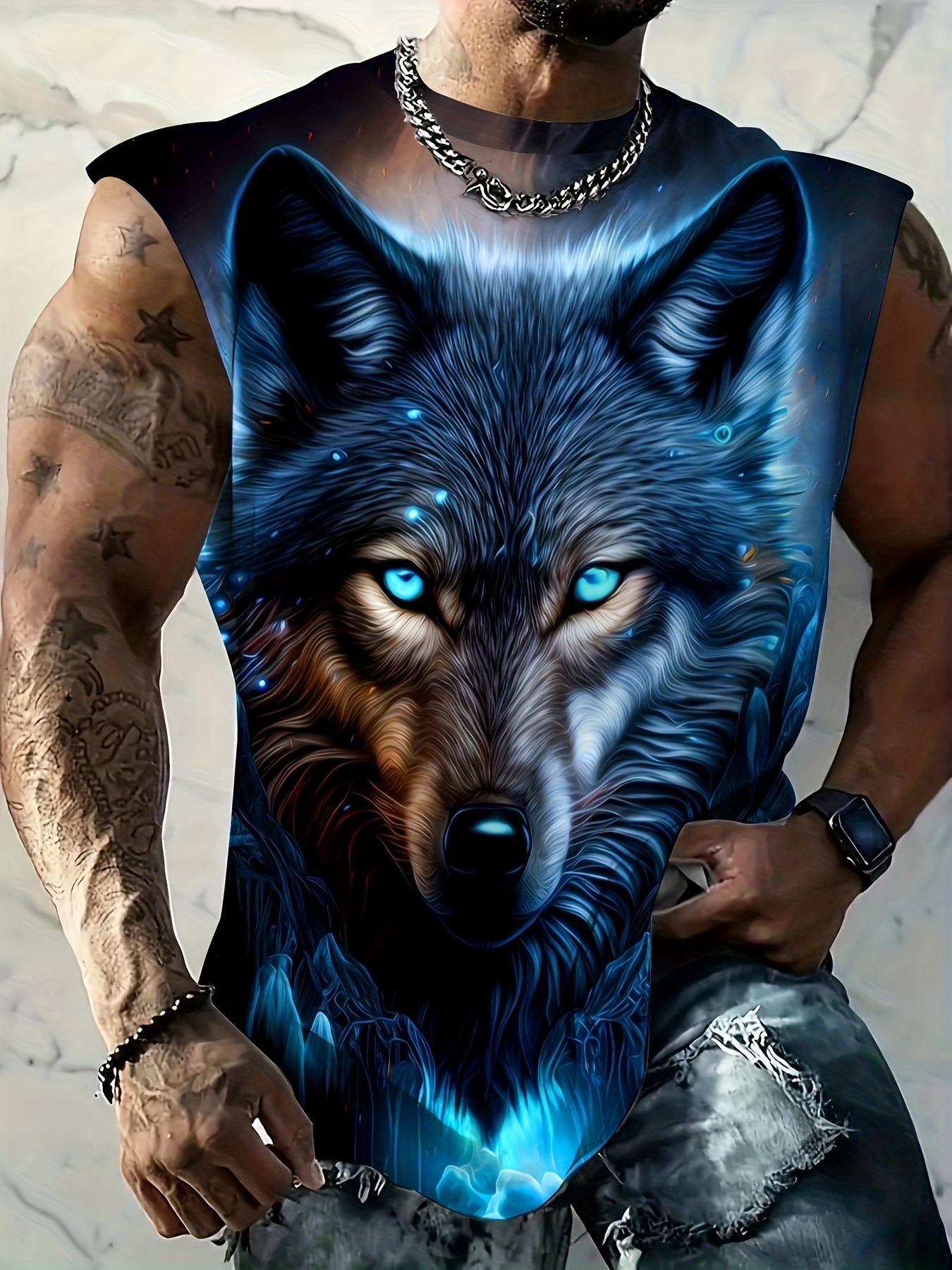Men's Oversized Wolf Print Sleeveless T-Shirt - Neon Blue & Black Wolf Howling at Camera Design, Breathable Sleeveless Gym Shirt for Summer Fitness, Basketball Training, Casual & Night Out - Comfortable Round Neck Muscle Shirt for Men with Wolf Graphic, Machine Washable, Relaxed Fit, Stylish & Functional for Warm Weather, Ideal for Workouts and Casual Wear, PLUS SIZE